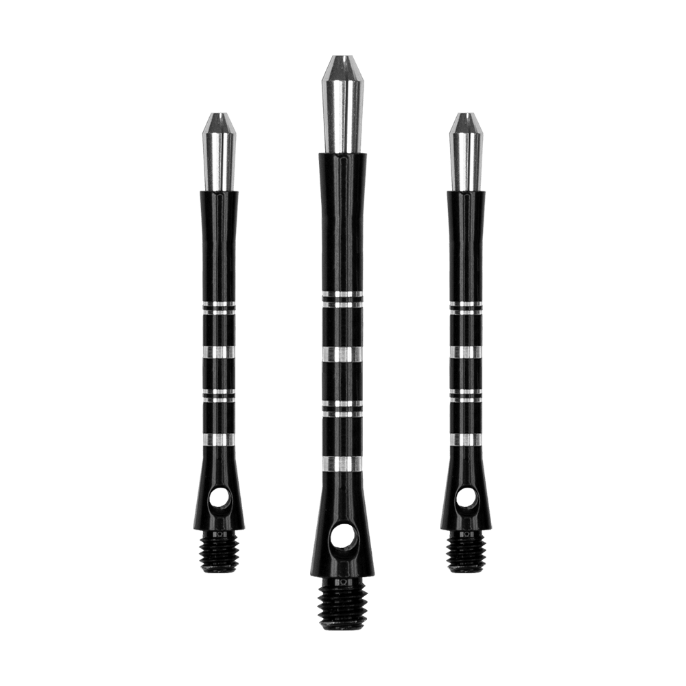561_Target_Colette_Shafts_Schwarz_47mm_1 Das Bild zeigt drei schwarze Dartshafts der Marke Harrows Colette. Die Shafts haben silberne Akzente und ein schlankes, modernes Design.