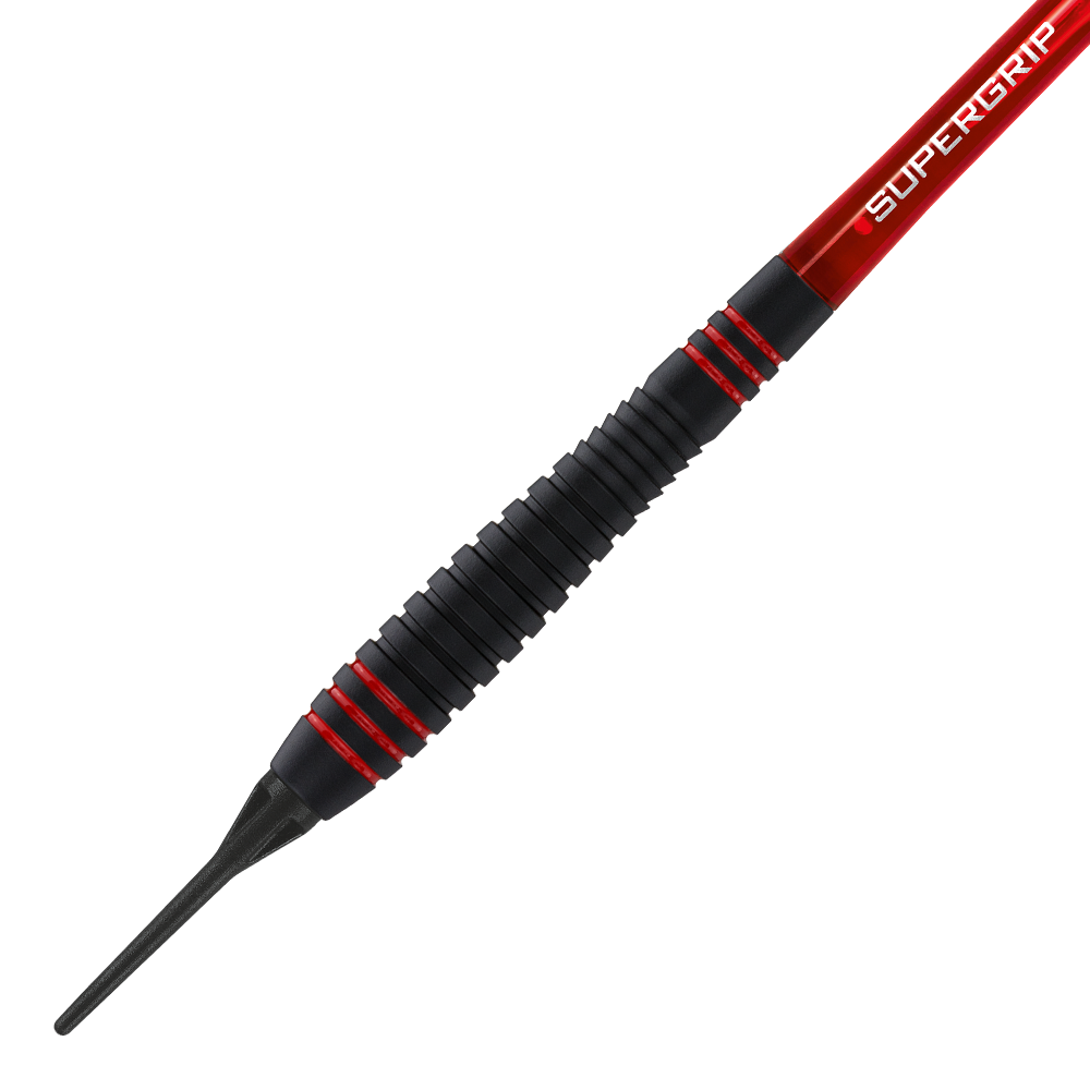 HA13722_Harrows_ACE_Rubber_Grip_Softdarts_2 Das Bild zeigt einen Harrows ACE Rubber Grip Softdart. Der Dartpfeil hat einen schwarzen, geriffelten Gummigriff mit roten Akzenten und einer Kunststoffspitze.