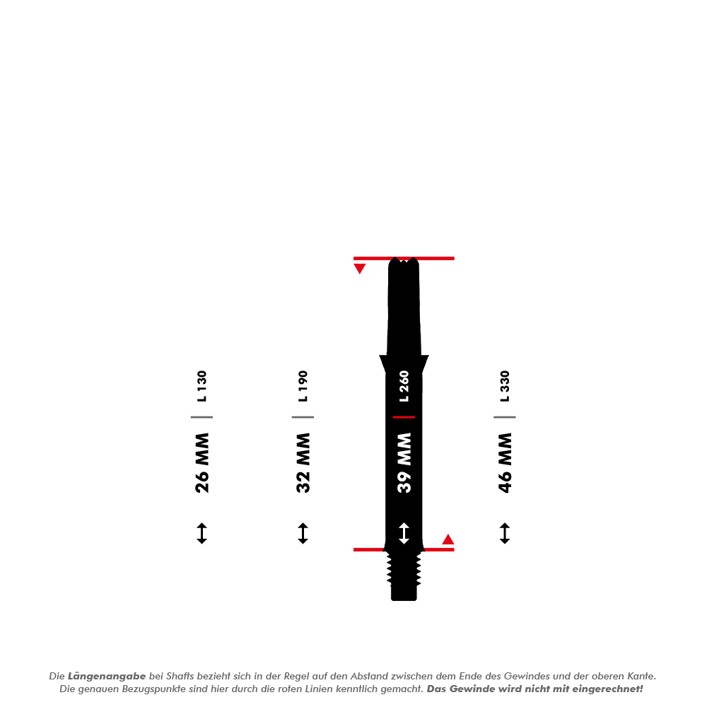 Tiché rovné hřídele ve stylu L, černé Das Bild zeigt verschiedene Längen von geraden Dartshafts, die in Millimetern angegeben sind. Die L-Shaft mit einer Länge von 39 mm ist in der Mitte hervorgehoben dargestellt.