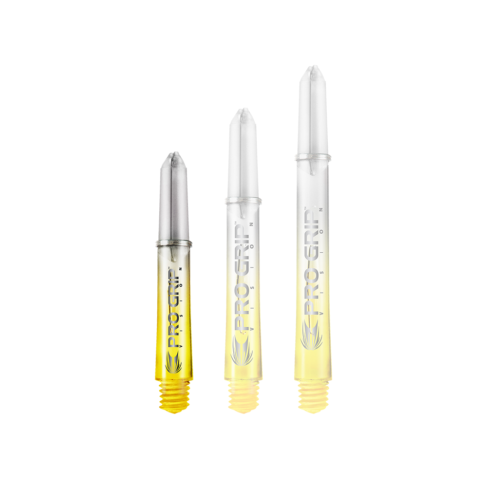 Násadky Target Pro Grip Vision - 3 sady - žluté Auf dem Bild sind drei durchsichtige Dartschäfte mit gelbem Ende abgebildet. Auf den Schäften steht "PRO GRIP VISION" und sie sind unterschiedlich lang.