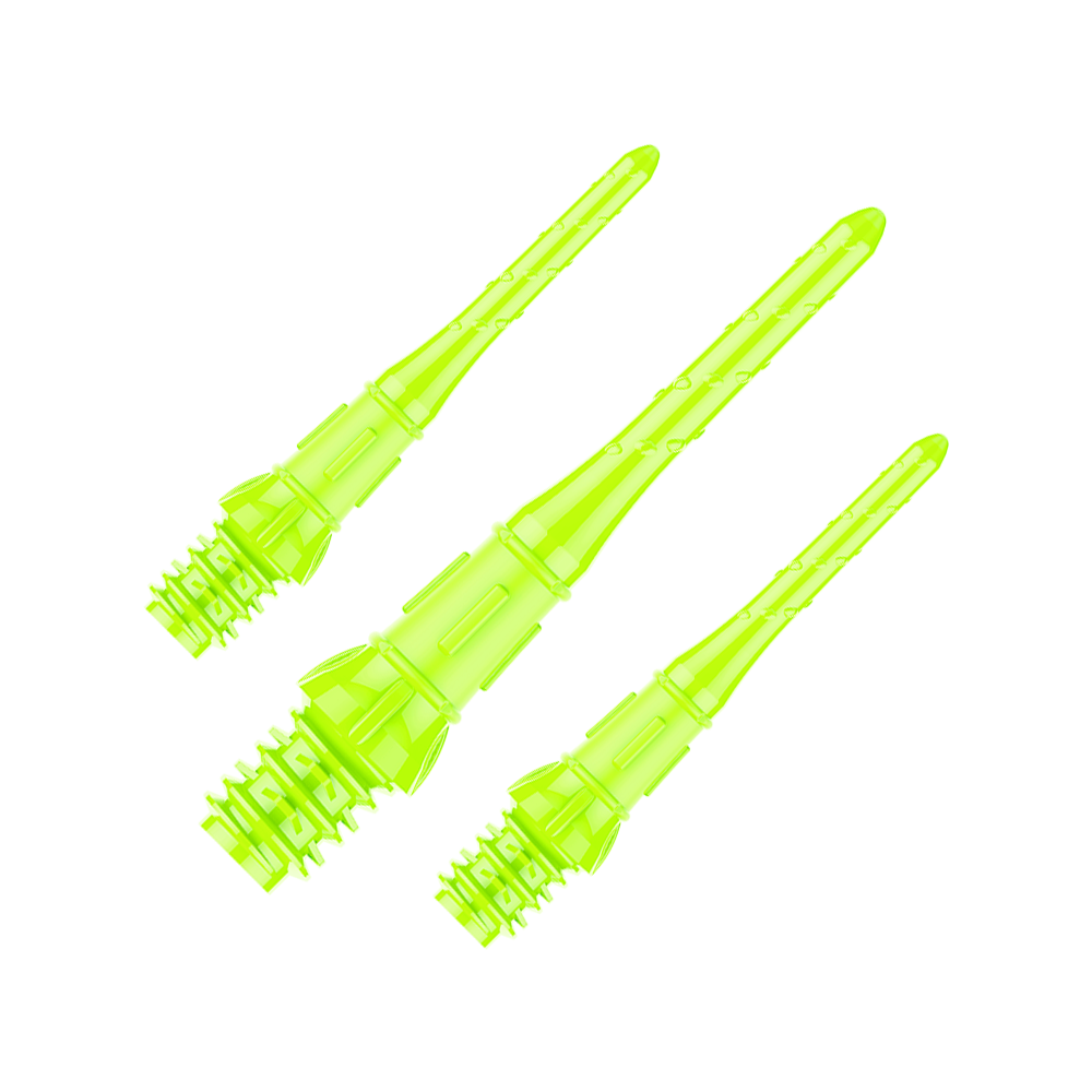 Auf dem Bild sind drei neon-gelbe Dartspitzen zu sehen. Sie liegen nebeneinander und sind aus Kunststoff gefertigt.
