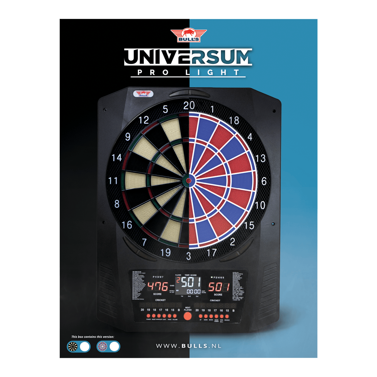 Elektronický terč Bulls NL Universum Pro Light - modročervený Hier sieht man das Bulls NL Universum Pro Light Elektronisches Dartboard in den Farben Blau und Rot. Dieses Dartboard bietet viele Spieloptionen.