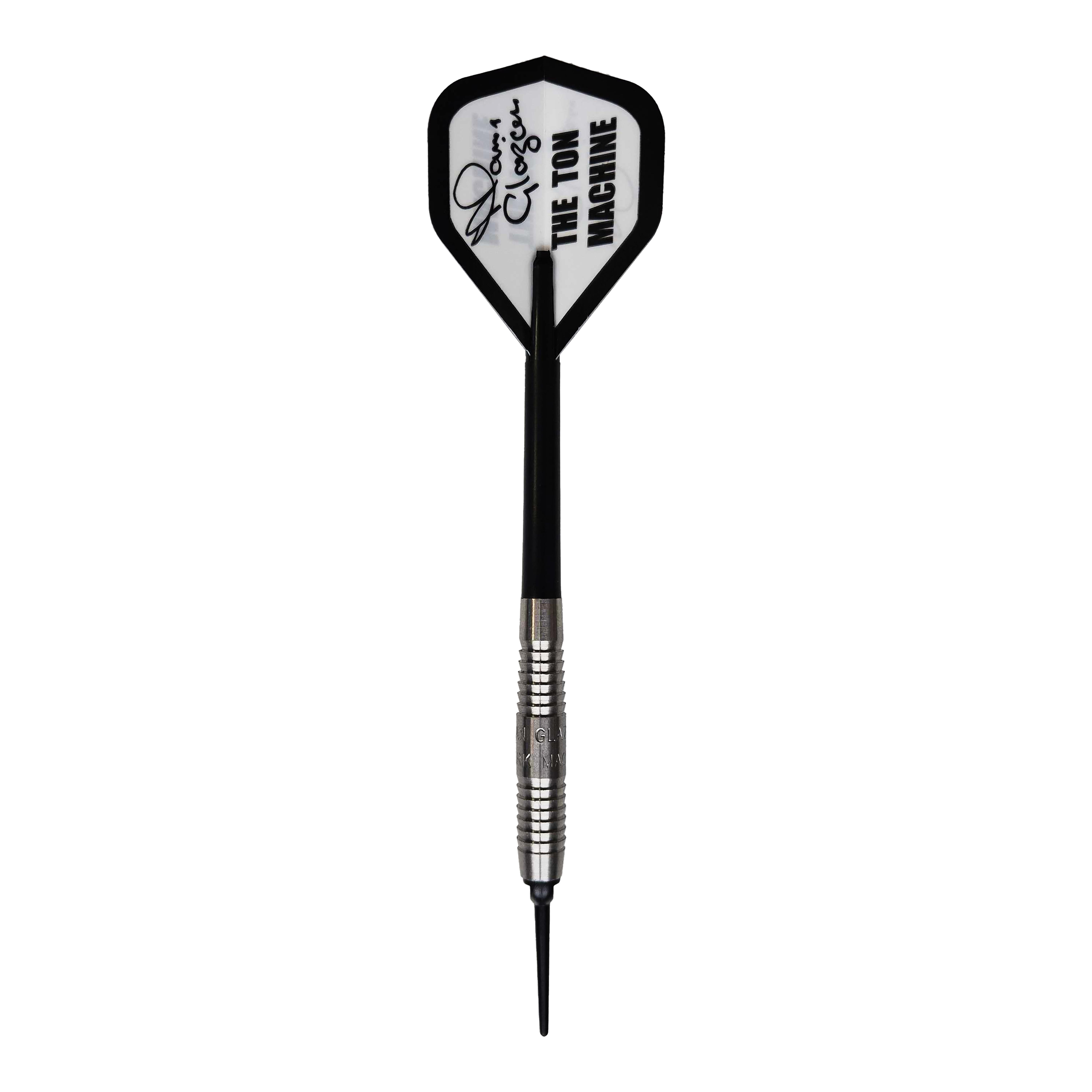 Auf dem Bild ist ein McKicks Alam Glazier Shark Machine Softdart zu sehen. Der Dartpfeil hat eine silberne Metallspitze und einen Flight mit der Aufschrift "THE TON MACHINE".