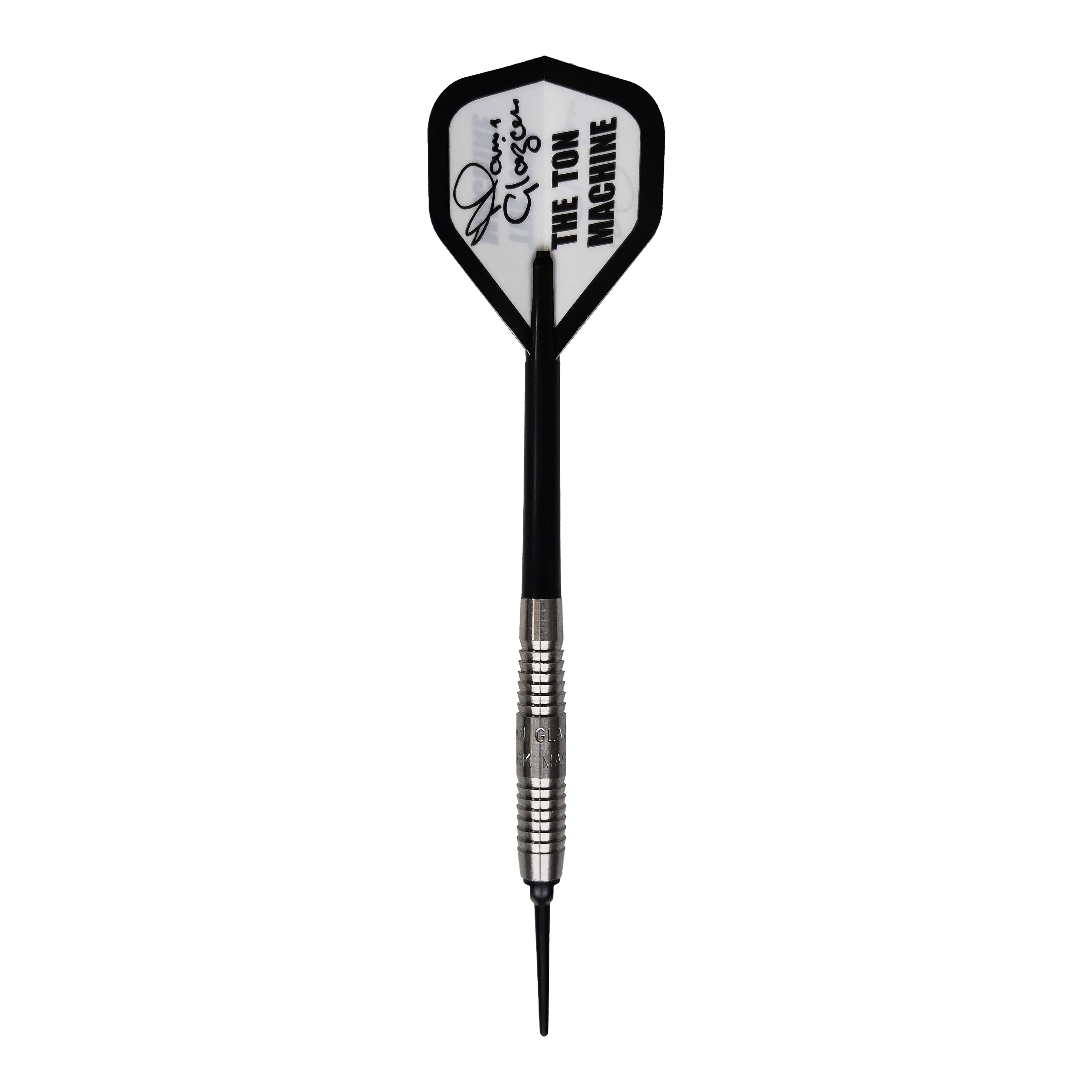 McKicks Alam Glazier Shark Machine měkké šipky Auf dem Bild ist ein McKicks Alam Glazier Shark Machine Softdart zu sehen. Der Dartpfeil hat eine silberne Metallspitze und einen Flight mit der Aufschrift "THE TON MACHINE".