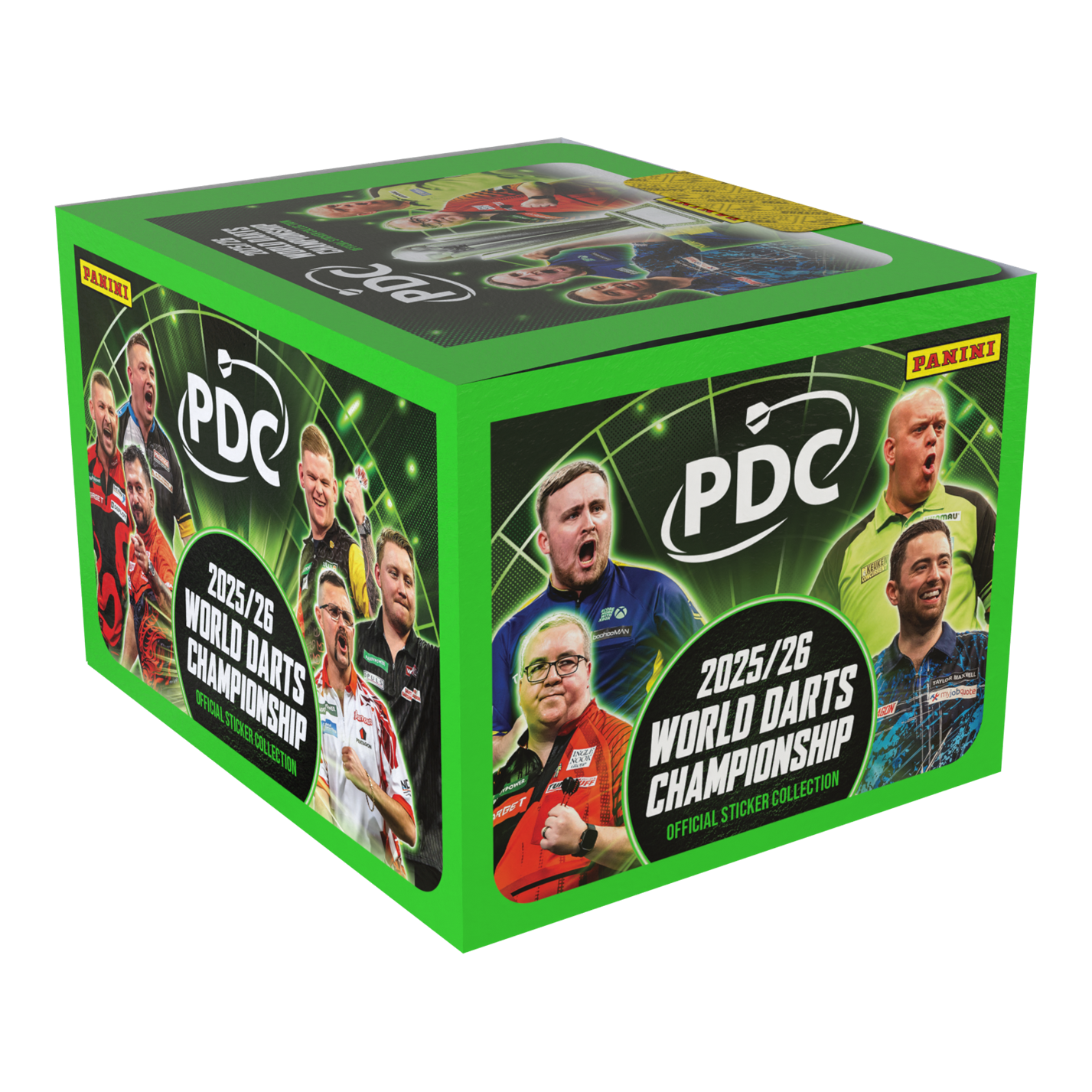 Panini PDC World Darts Championship 2025/26 - Krabička s 65 balíčky samolepek Auf dem Bild sieht man die Panini PDC World Darts Championship 2025/26 Stickerbox mit 65 Tüten. Die Box ist speziell für Sammler und Fans der Darts-Weltmeisterschaft.