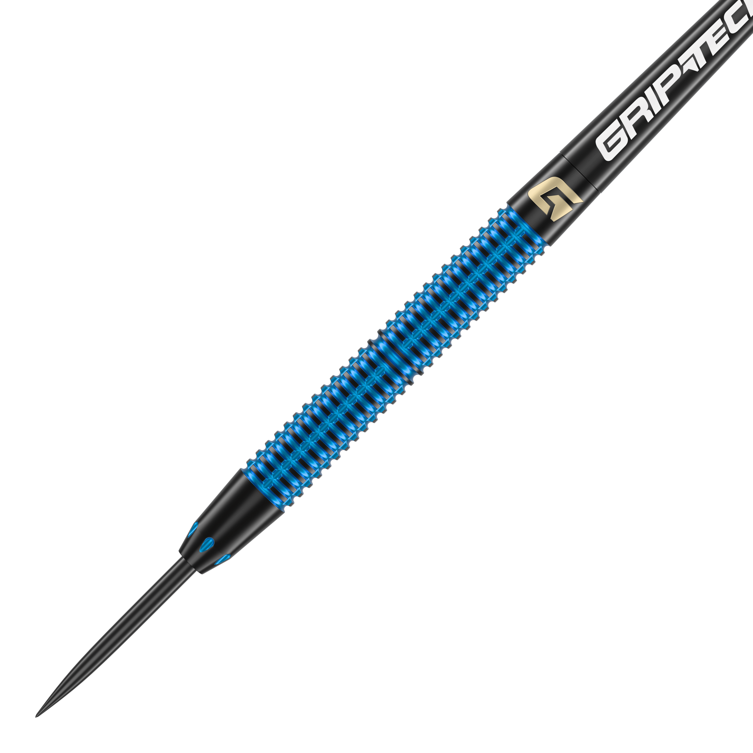 Steeldarts GOAT Athlete modré mosazné - 12g Das Bild zeigt einen GOAT Athlete Blue Brass Steeldart mit einem Gewicht von 12g. Der Dart hat eine blaue geriffelte Oberfläche und eine schwarze Spitze.