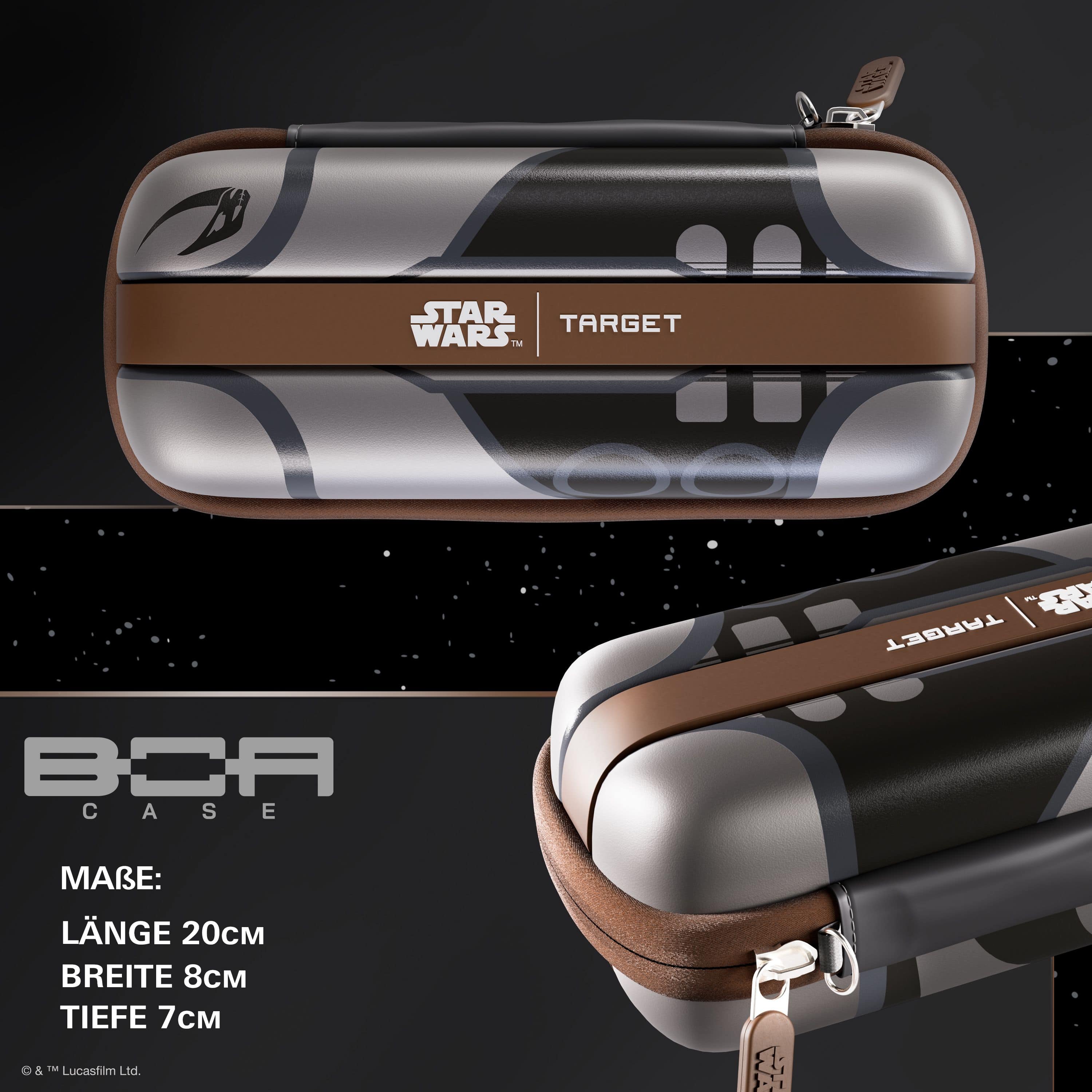 Abgebildet ist das Target Star Wars Boa Dartcase - Mandalorian. Es ist ein Dartcase mit Mandalorianer-Design aus Star Wars.