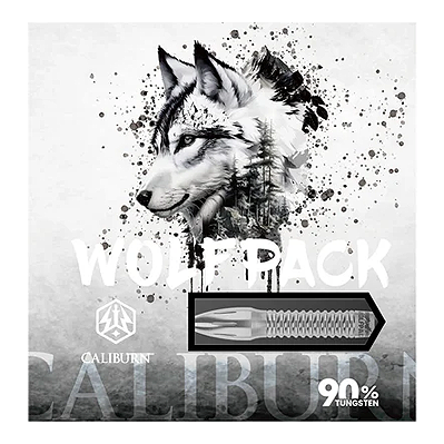 Das Bild zeigt die Verpackung der Caliburn Wolfpack W4 Steeldarts mit einem Wolf-Design. Auf der Verpackung steht, dass die Darts 20g wiegen und aus 90% Tungsten bestehen.