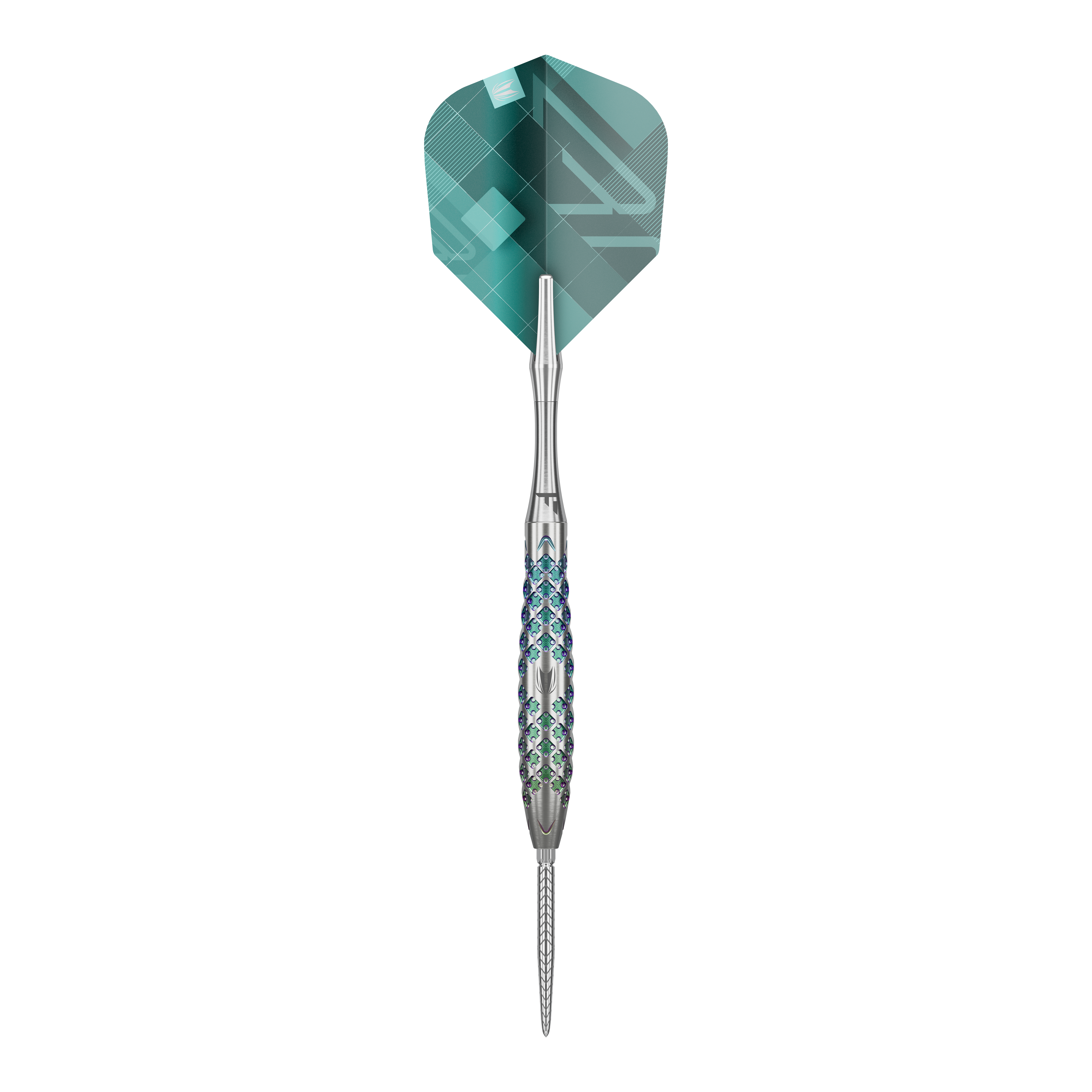 Ocelové šipky Target Rove 02 Swiss Point Das Bild zeigt einen Target Rove 02 Swiss Point Steeldart. Der Dartpfeil hat ein silbernes, strukturiertes Barrel und eine grün-blaue Flight.