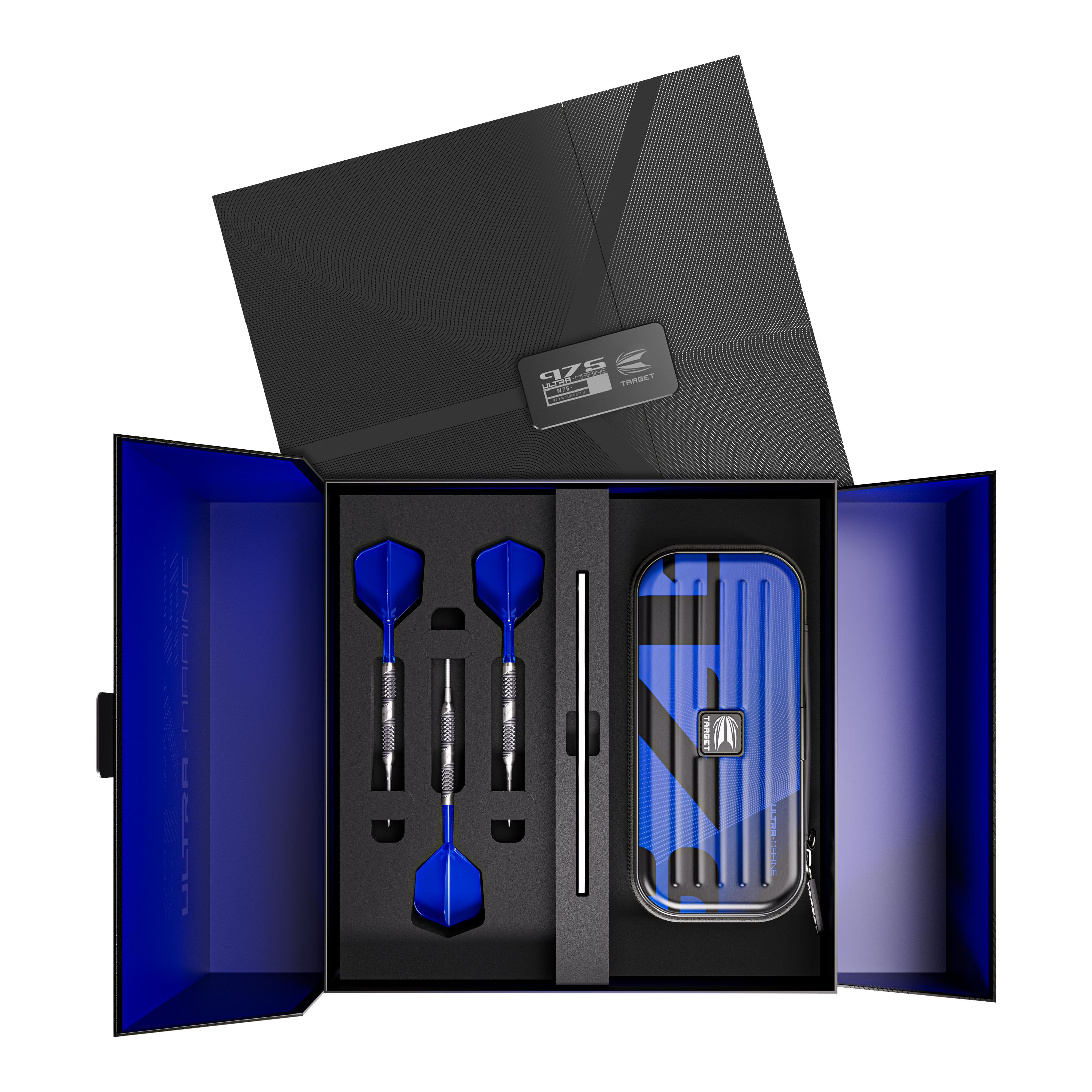 Šipky Target 975 Ultra Marine 02 Swiss Point ocelové Das Bild zeigt ein elegantes Dart-Set mit drei blauen Steeldarts, sorgfältig in einer Geschenkbox angeordnet. Rechts befindet sich ein passendes Etui im gleichen blauen Design.