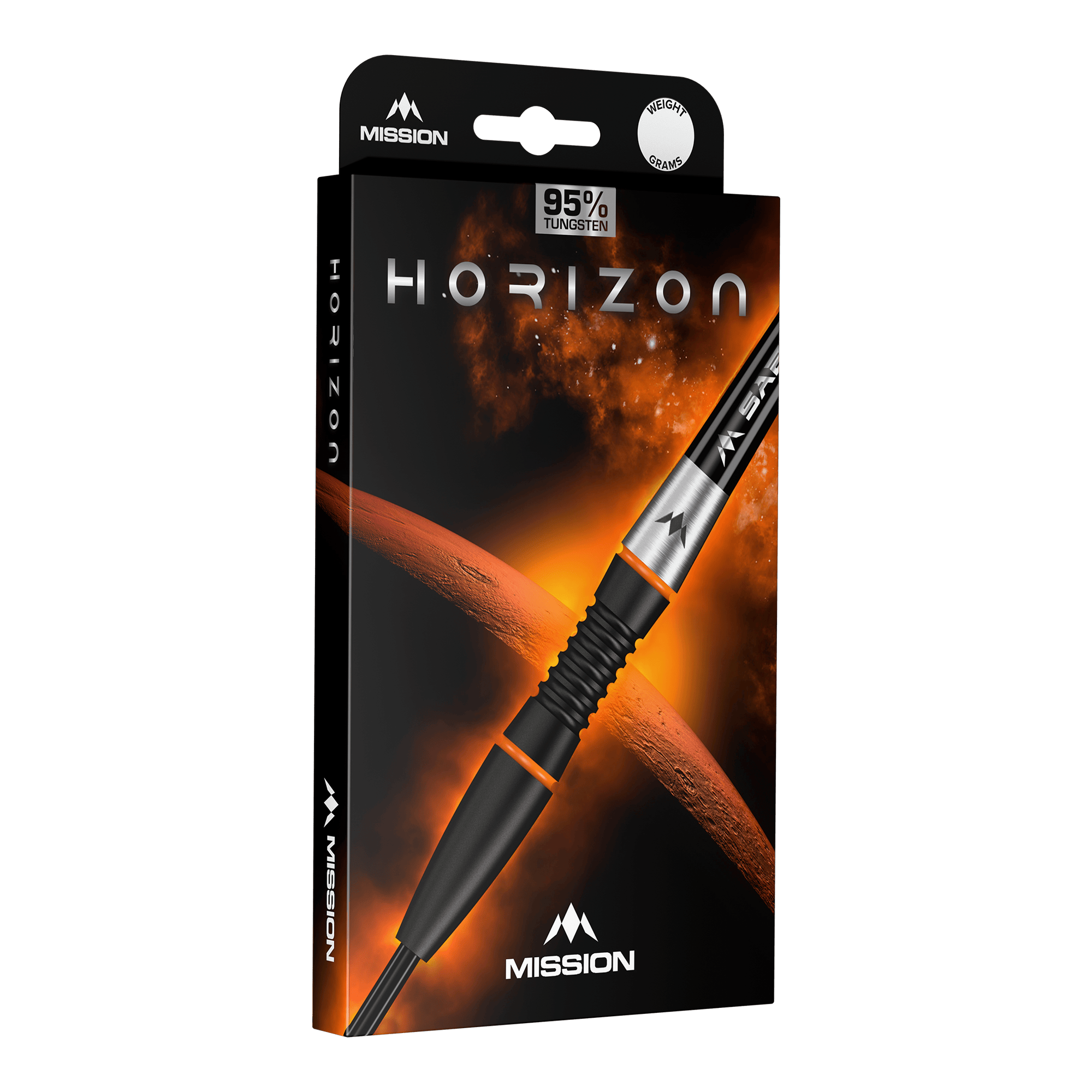 Mission Horizon Black PVD Orange Steeldarts sind zu sehen. Das Bild hebt die schwarze und orange Farbgebung hervor.