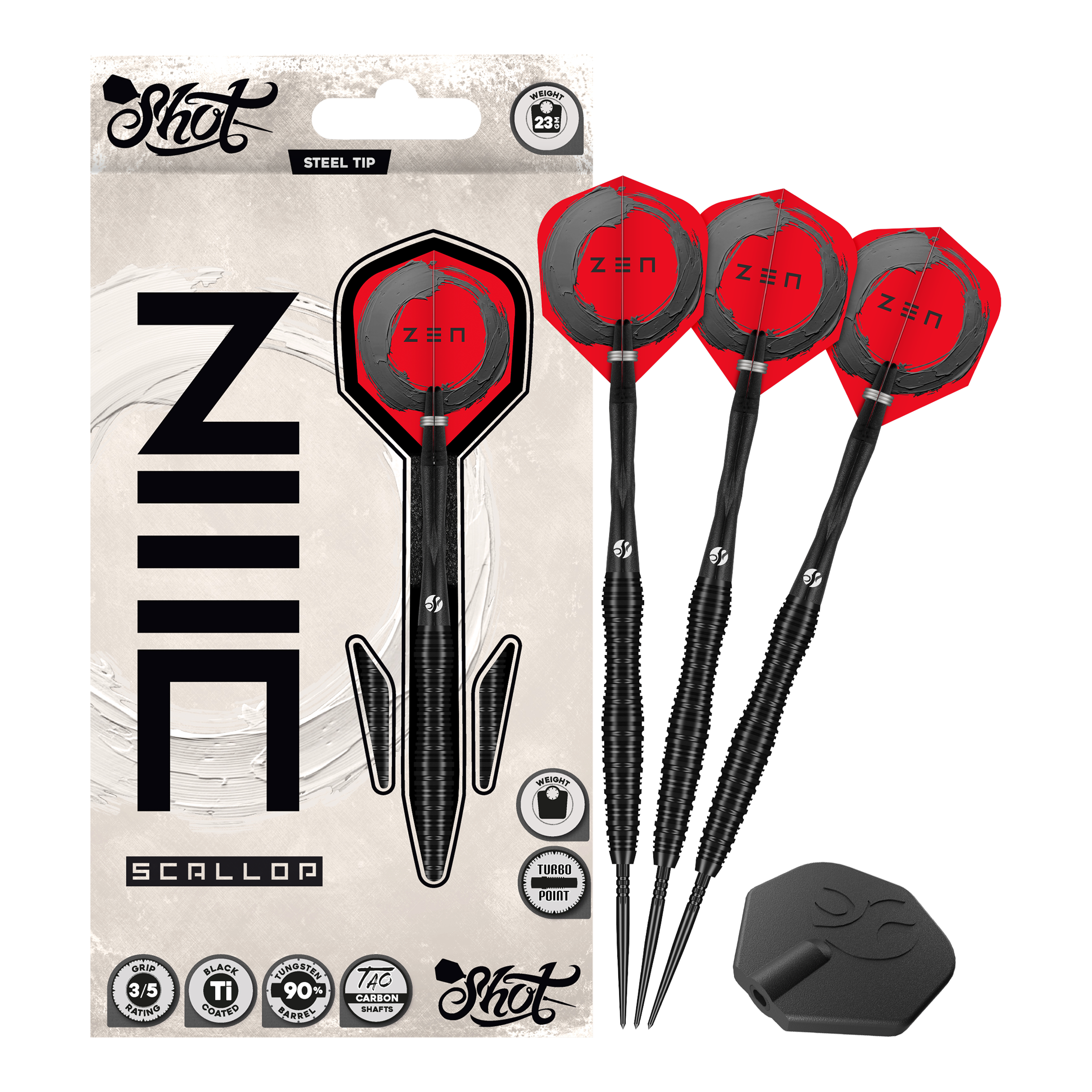 Steeldarts Shot ZEN Scallop Turbo Point - 23g Das Foto präsentiert die Shot ZEN Scallop Turbo Point Steeldarts - 23g in Gesamtansicht. Sie verbinden modernes Design mit hoher Treffsicherheit.