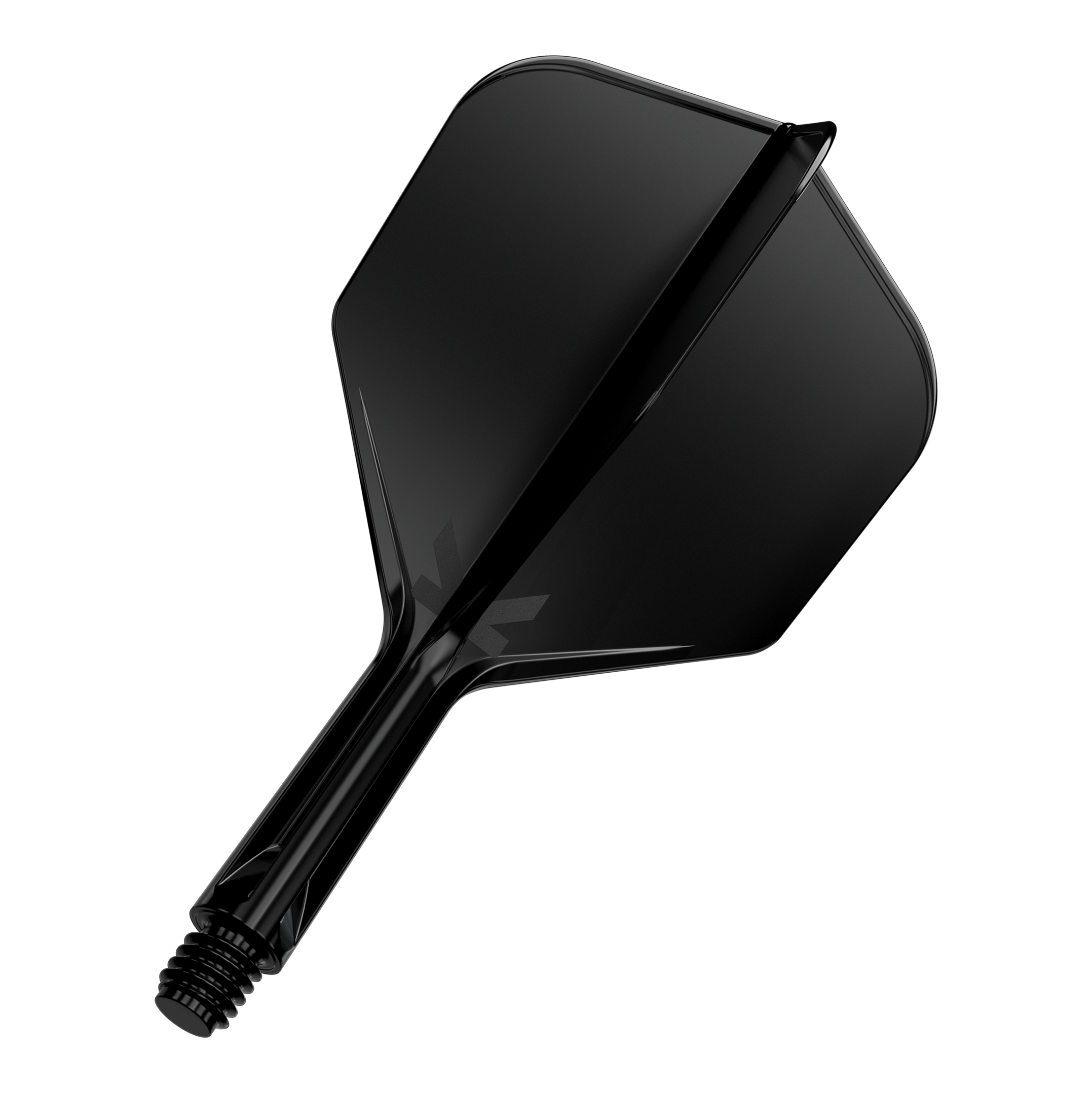 Letový systém Target K-Flex No6 - černý Das Bild zeigt eine schwarze Dartflügel- und Schaftkombination. Sie ist vor einem schwarzen Hintergrund dargestellt.