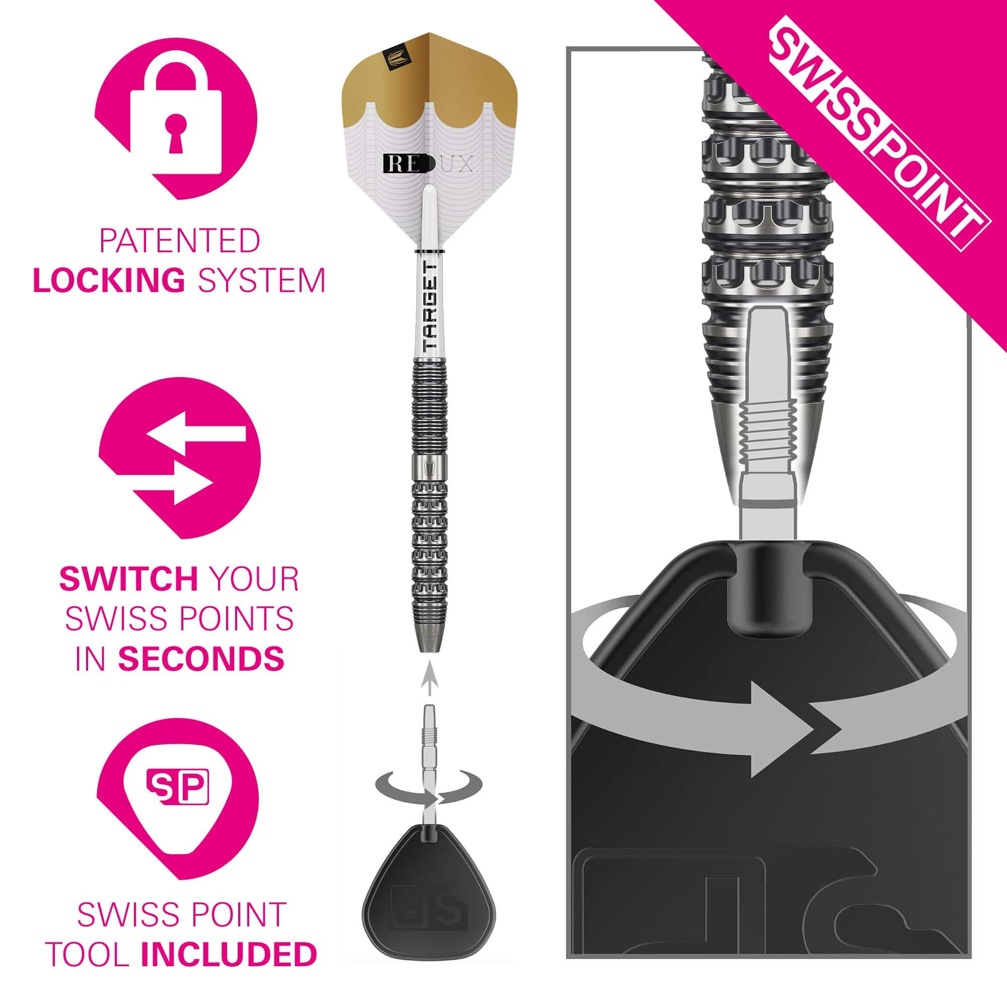 Ocelové šipky Target Redux 01 Swiss Point Diese Abbildung zeigt die Target Redux 01 Swiss Point Steeldarts. Es handelt sich um hochwertige Steeldarts für Dartspieler.