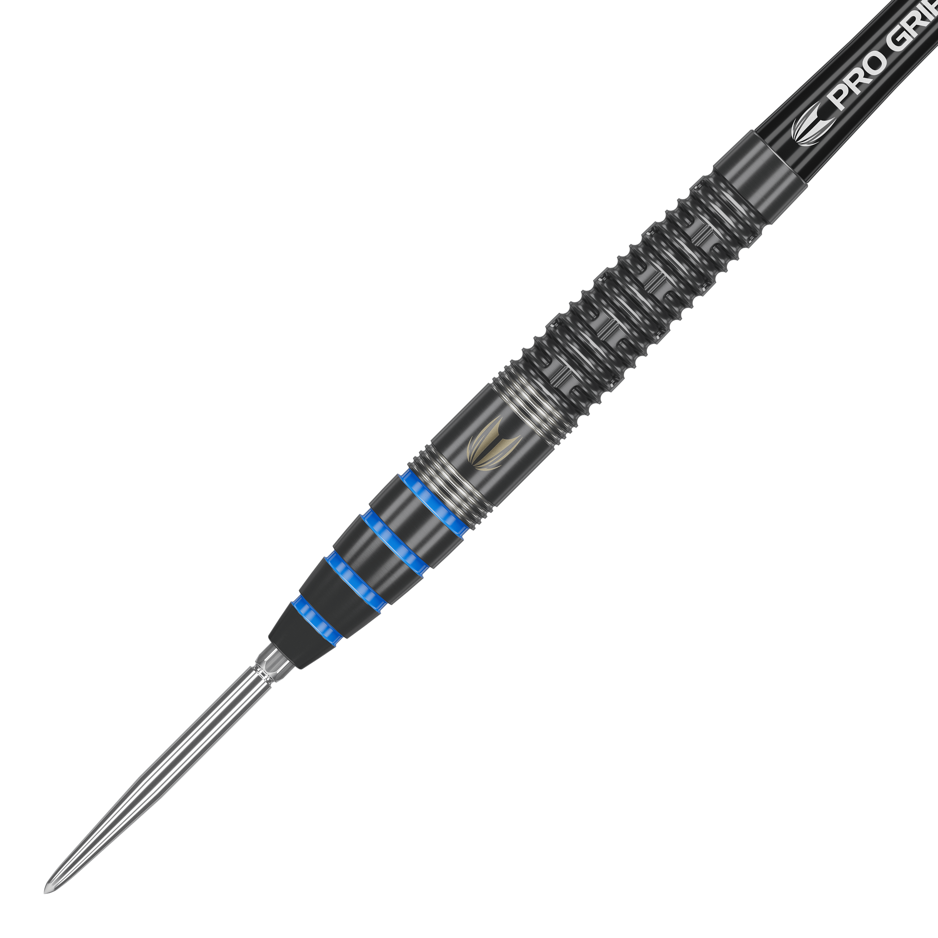 Terč Jeffrey De Graaf GEN1 Swiss Point Steeldarts - 23g Auf dem Bild ist ein Target Jeffrey De Graaf GEN1 Swiss Point Steeldart mit 23g zu sehen. Der Dartpfeil hat ein schwarzes Design mit silbernen und blauen Akzenten.