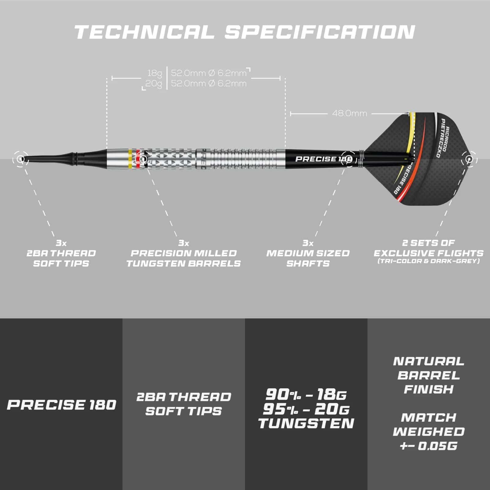 Šipky Precise 180 Ricardo Pietreczko GEN1 měkké Precise 180 Ricardo Pietreczko GEN1 Softdarts sind Softdarts mit besonderem Design. Sie eignen sich perfekt für elektronische Dartboards.