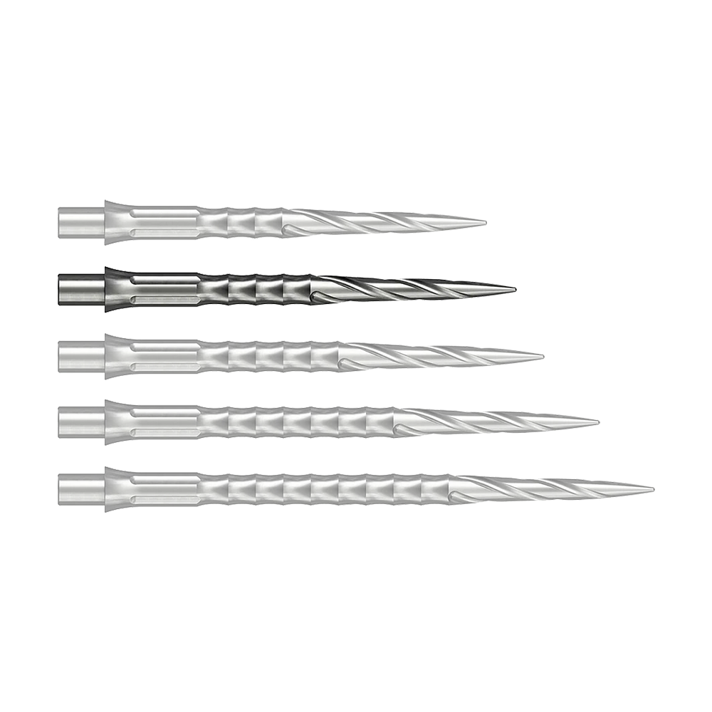 Vermutlich wird eine silberne Steeldartspitze mit 30 mm Länge abgebildet. Sie stammt aus dem Caliburn Evo System und ist vom Typ Spiro NoLip.