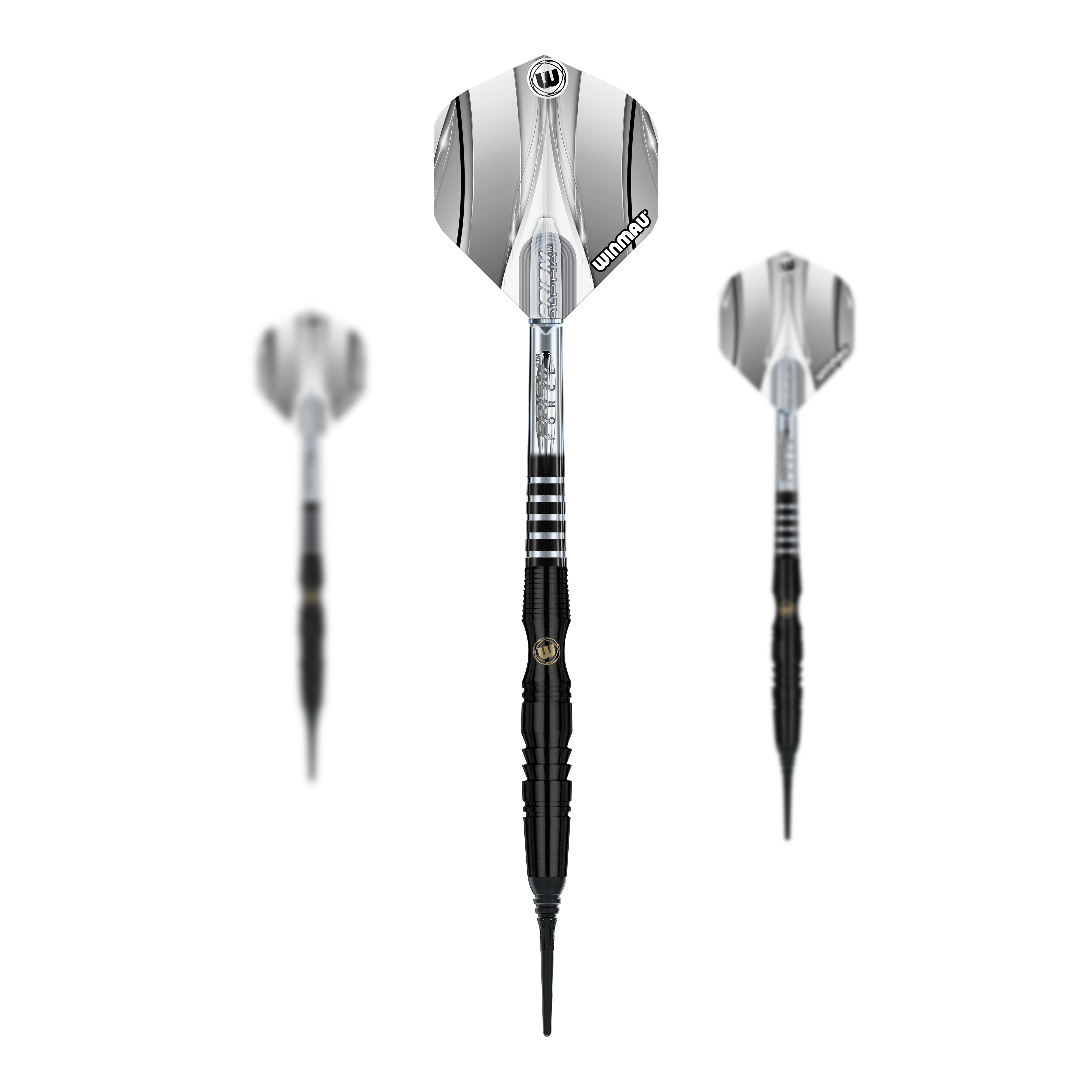 Měkké šipky Winmau Sniper Black - 20g Das Bild zeigt drei Winmau Sniper Black Softdarts mit einem Gewicht von 20g. Die Darts haben schwarze Spitzen und silber-schwarze Flights.