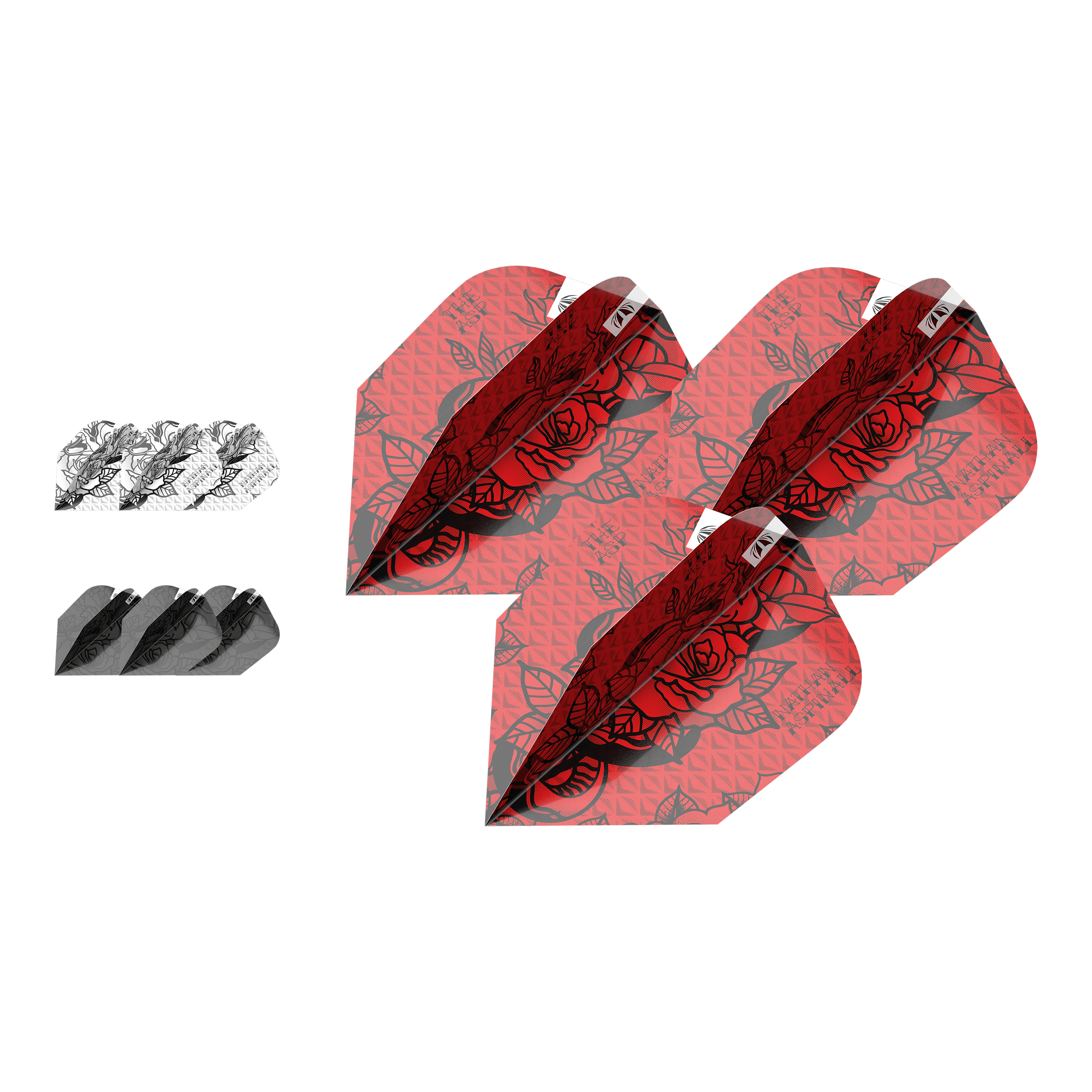 Target Ink Bundle 3 Sets Nathan Aspinall Ten-X Flights Das Bild zeigt drei Sets von Dart-Flights im Produkt "Target Ink Bundle 3 Sets Nathan Aspinall Ten-X Flights". Die Flights sind in den Farben Rot, Schwarz und Weiß mit einem Rosenmuster gestaltet.