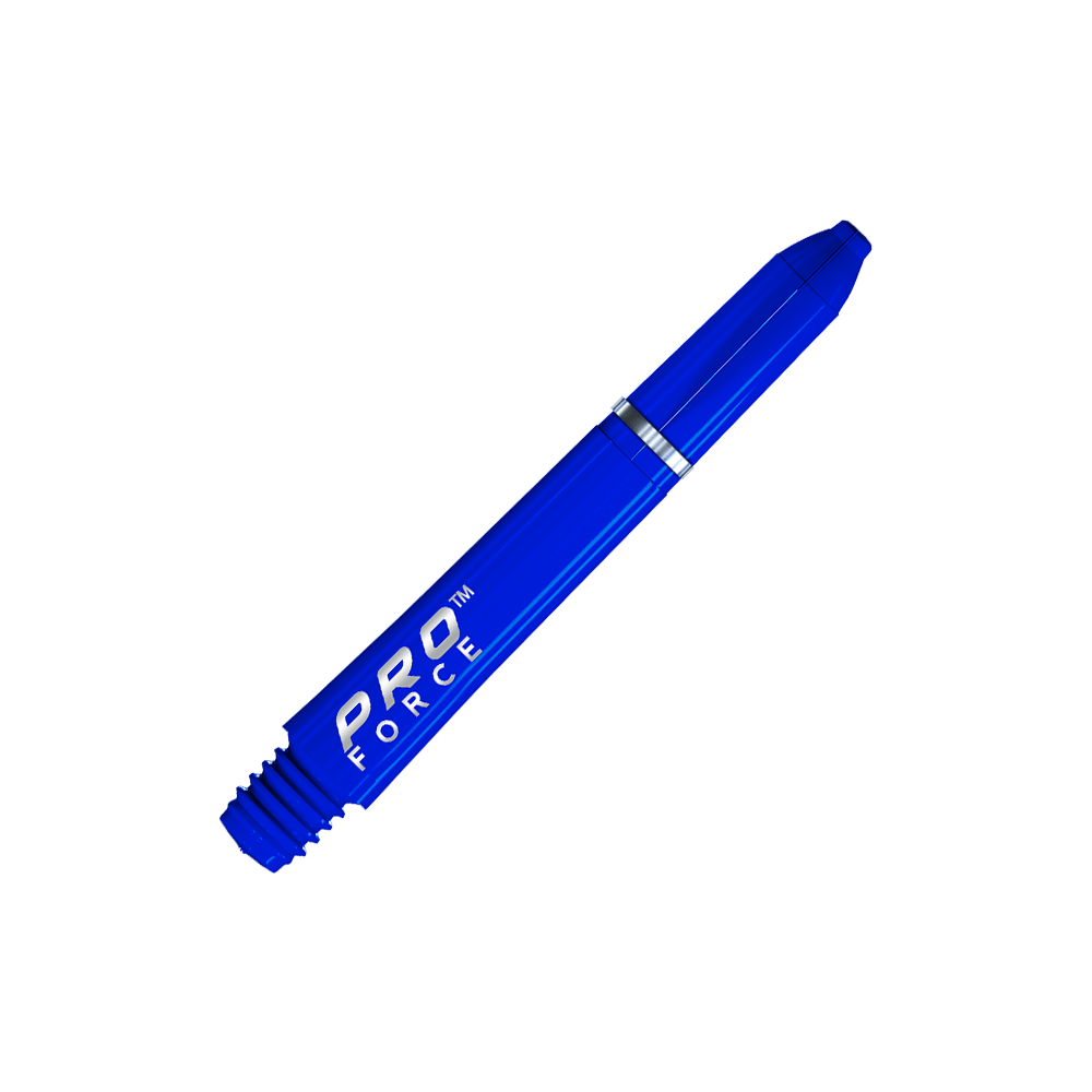 7011_104_Winmau_Pro-Force_Shafts_Blau_35mm_2 Das Bild zeigt einen blauen Winmau Pro-Force Shafts. Auf der Seite steht in weißer Schrift "PRO FORCE".