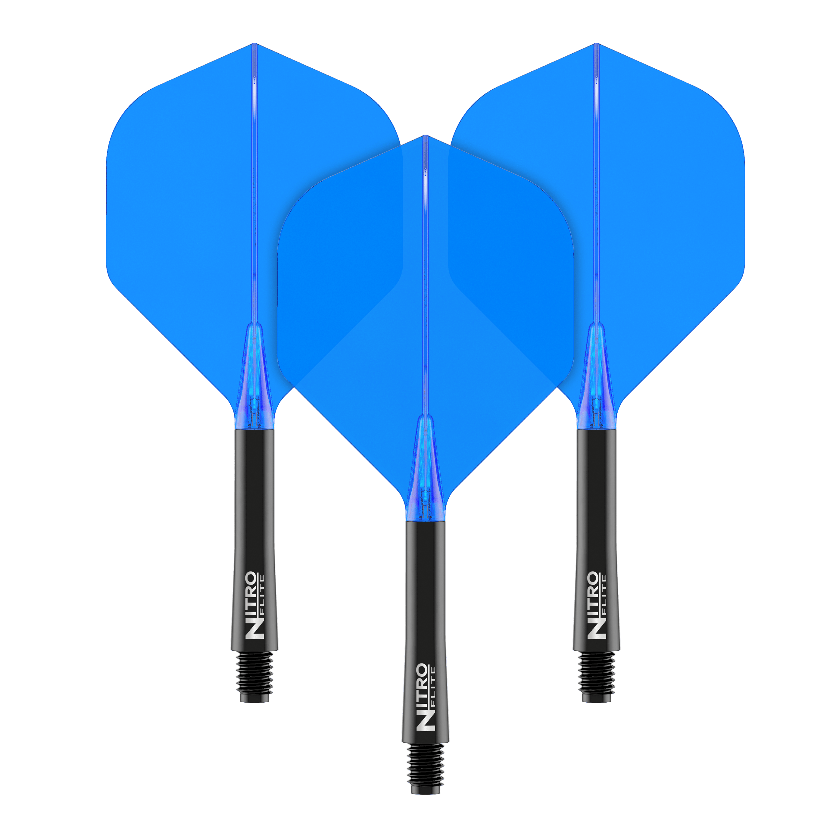 Red Dragon Nitroflite - Black Shaft Blue No. 2 Flights Das Bild zeigt drei blaue Dart Flights mit schwarzen Schäften. Auf den Schäften steht der Schriftzug "Nitro Flite".