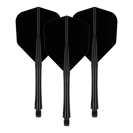 Systém letových šachet Caliburn SUP Lite No6 Das Bild zeigt drei schwarze Dart-Flights mit Schäften. Sie sind in einer aufrechten Position nebeneinander angeordnet.