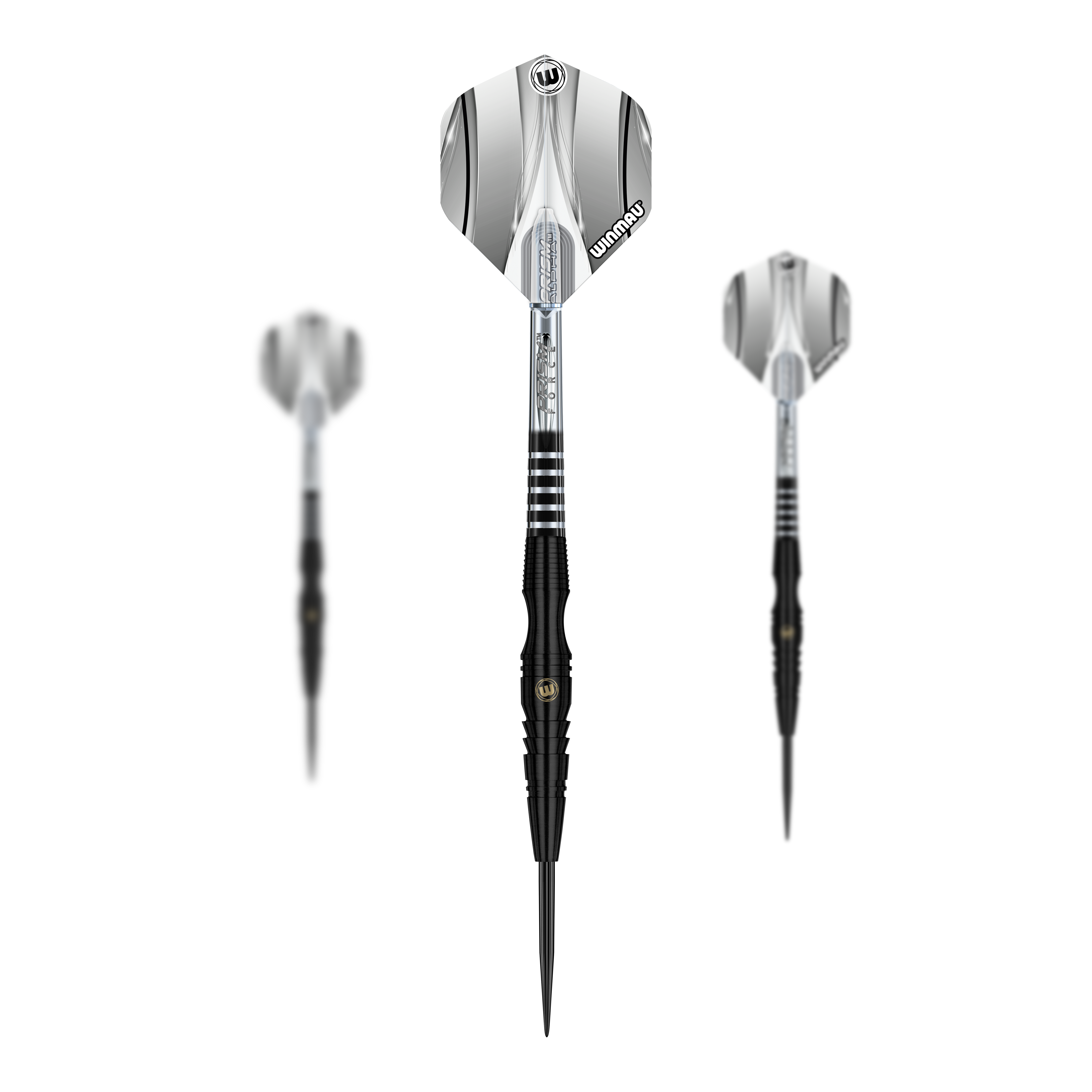 Ocelové šipky Winmau Sniper Black Das Bild zeigt drei schwarze Steeldarts des Modells "Winmau Sniper Black". Die Dartpfeile haben silberne Flights mit schwarzen Akzenten.