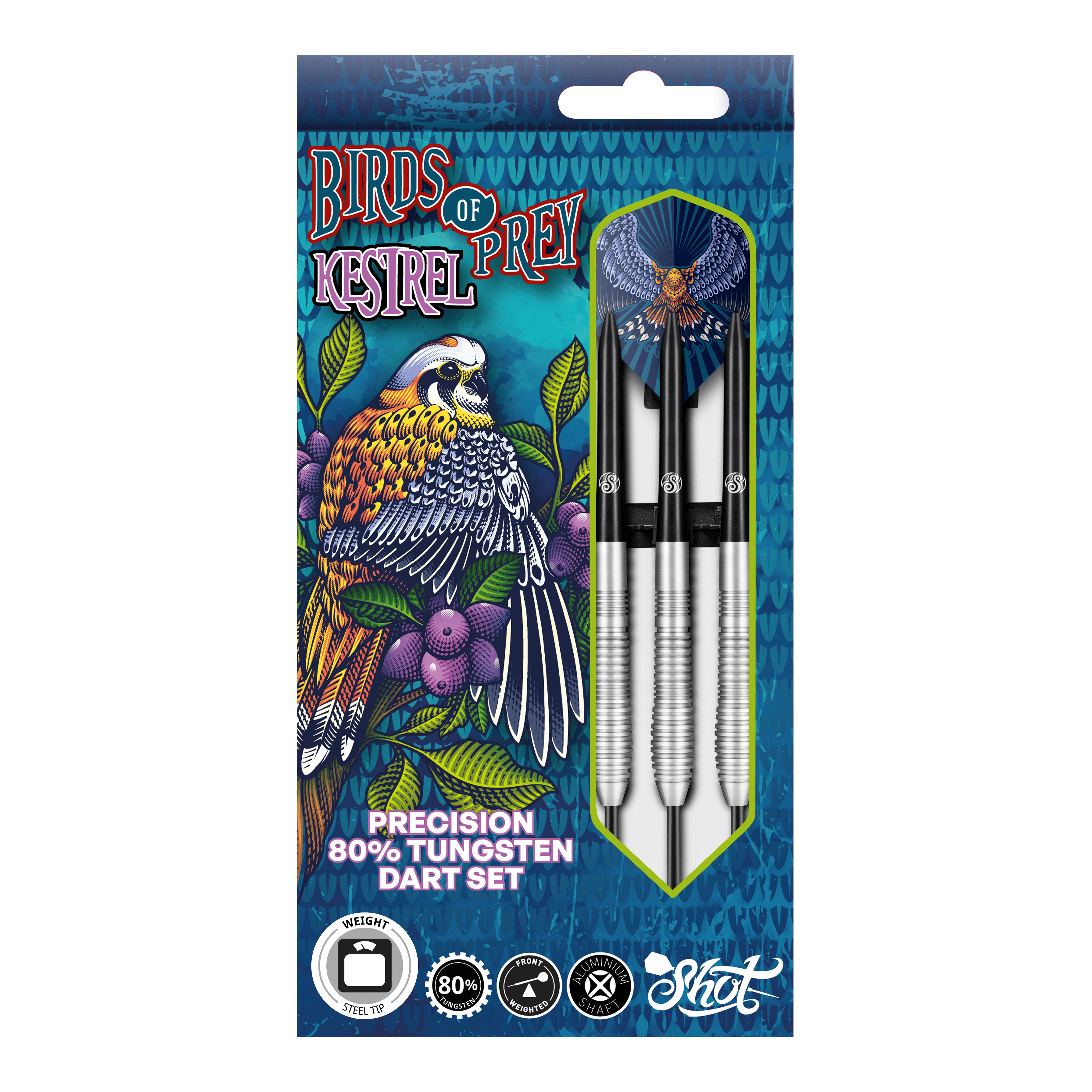 Ocelové šipky Shot Birds Of Prey Kestrel Das Bild zeigt die Verpackung der "Shot Birds Of Prey Kestrel Steeldarts". Auf der Verpackung ist ein bunter Vogel abgebildet, und die Darts bestehen aus 80% Tungsten.