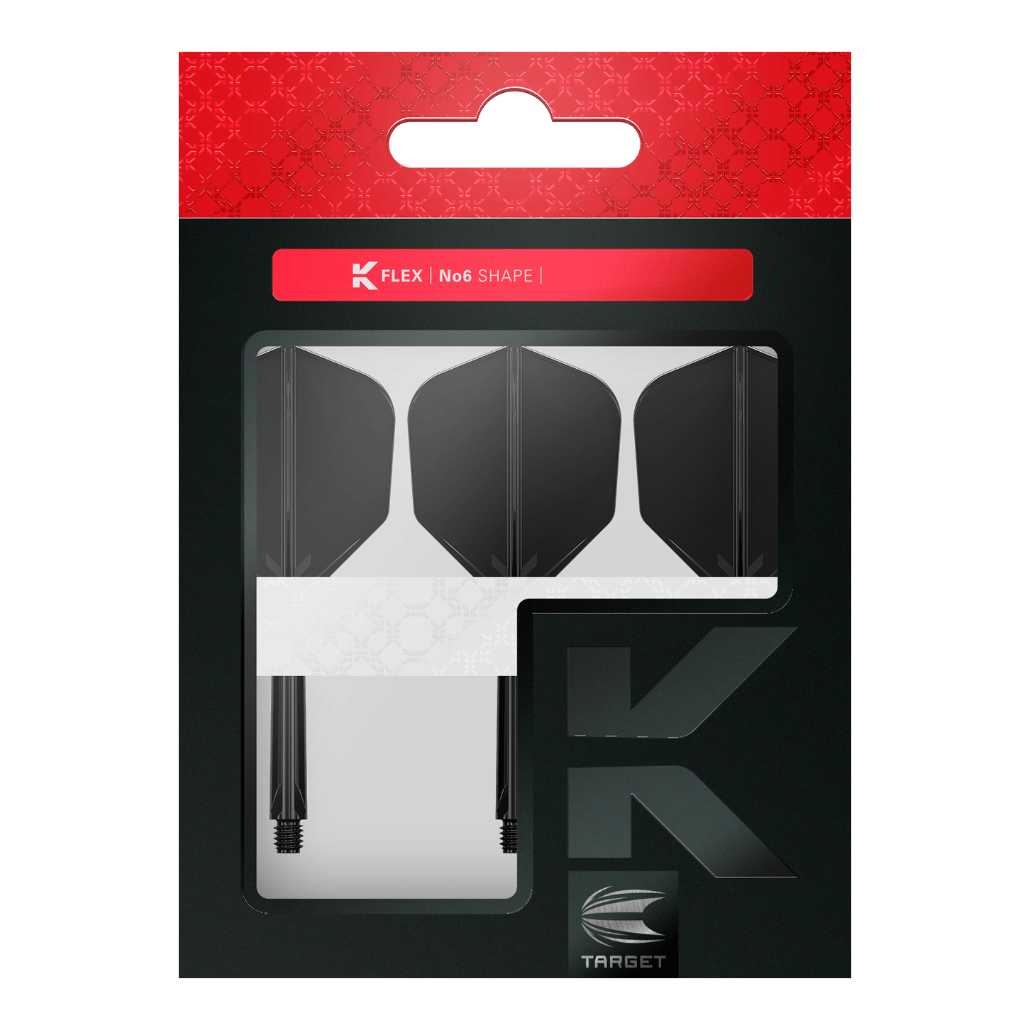 Letový systém Target K-Flex No6 - černý Das Bild zeigt eine Verpackung mit drei schwarzen Dartflights und Schäften. Die Marke „TARGET“ und die Produktbezeichnung „K FLEX No6 SHAPE“ sind auf der Packung zu sehen.