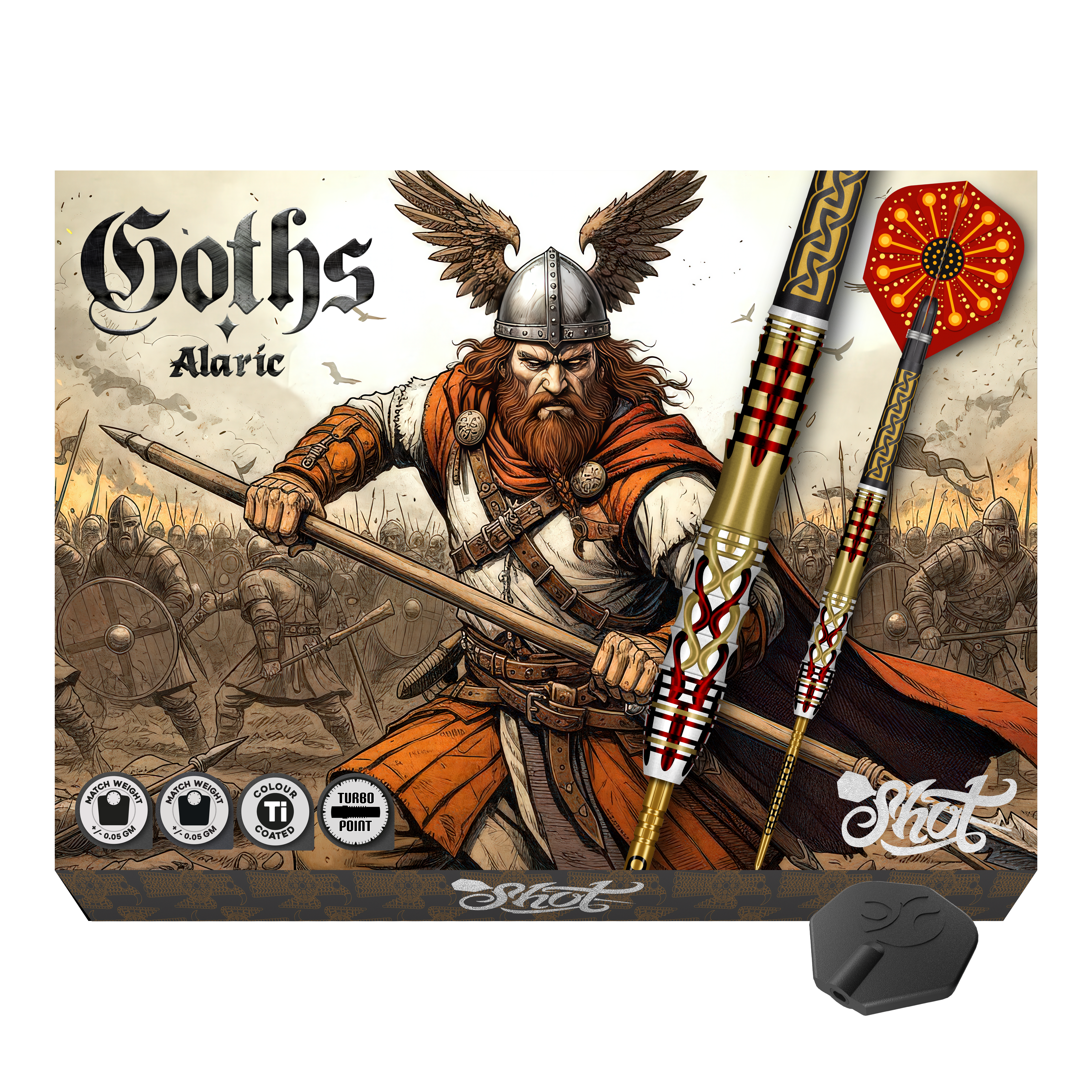 Ocelové šipky Shot Goths Alaric Turbo Point - 23g Hier sieht man die Shot Goths Alaric Turbo Point Steeldarts - 23g. Sie sind ideal für Präzision und Kontrolle.