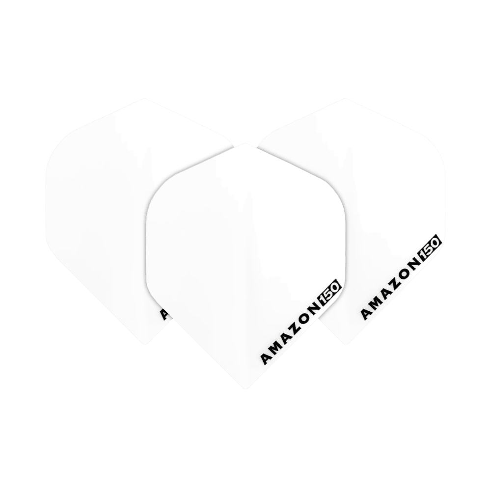 Lety Amazon 150 - bílá Das Bild zeigt drei weiße Dart-Flights mit der Aufschrift "AMAZON 150" in einer Ecke. Die Flights sind schlicht gehalten und haben eine klassische Form.