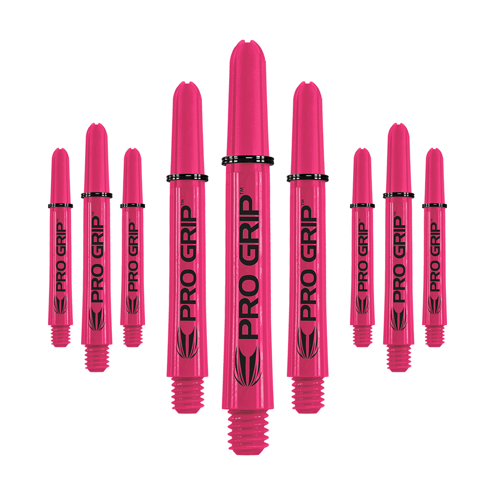 Target Pro Grip Shafts - 3 sady - Pink Das Bild zeigt neun pinke Dartshafts mit der Aufschrift "PRO GRIP". Die Shafts sind in drei Reihen angeordnet und heben sich deutlich vor dem weißen Hintergrund ab.