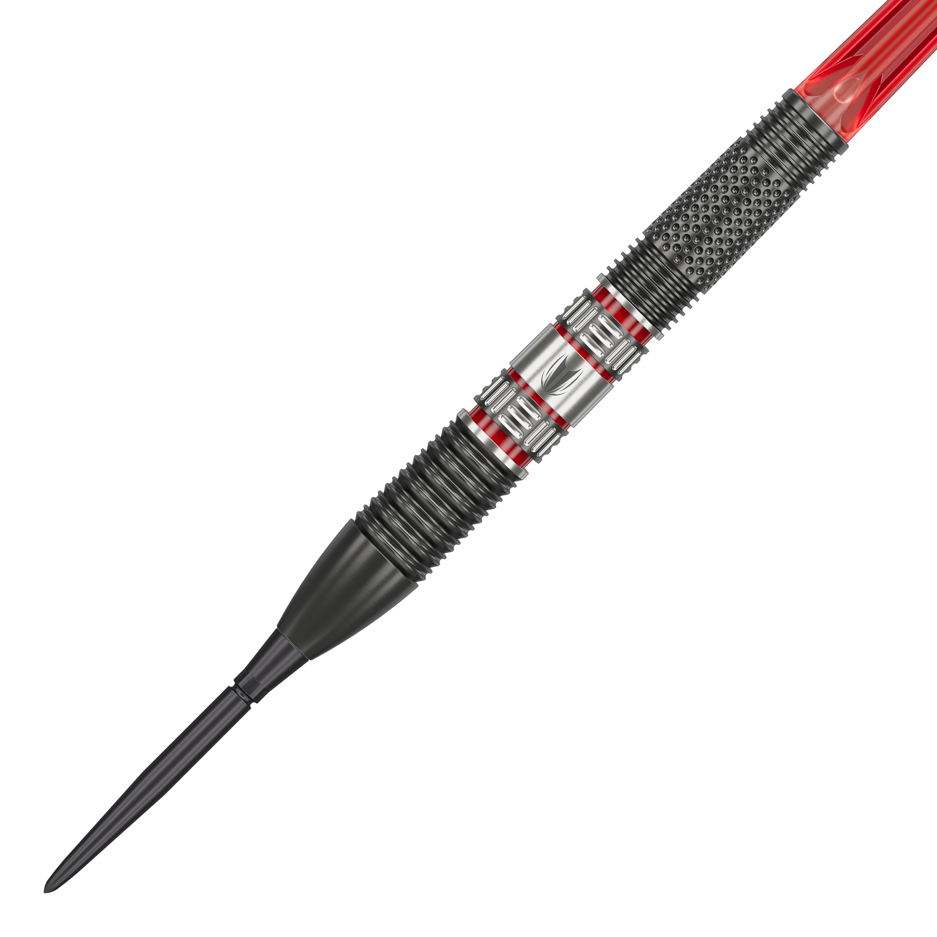 Šipky Target Gabriel Clemens 95K Swiss Point Steel Das Bild zeigt einen Target Gabriel Clemens 95K Swiss Point Steeldart. Der Dart hat ein modernes Design mit schwarzen, silbernen und roten Akzenten.