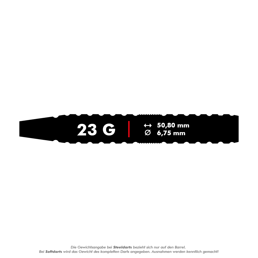 Šipky Winmau Willie O'Connor ocelové - 23g Dieses Bild zeigt das Barrel des Winmau Willie O'Connor Steeldarts mit einem Gewicht von 23 Gramm. Die Länge beträgt 50,80 mm und der Durchmesser 6,75 mm.