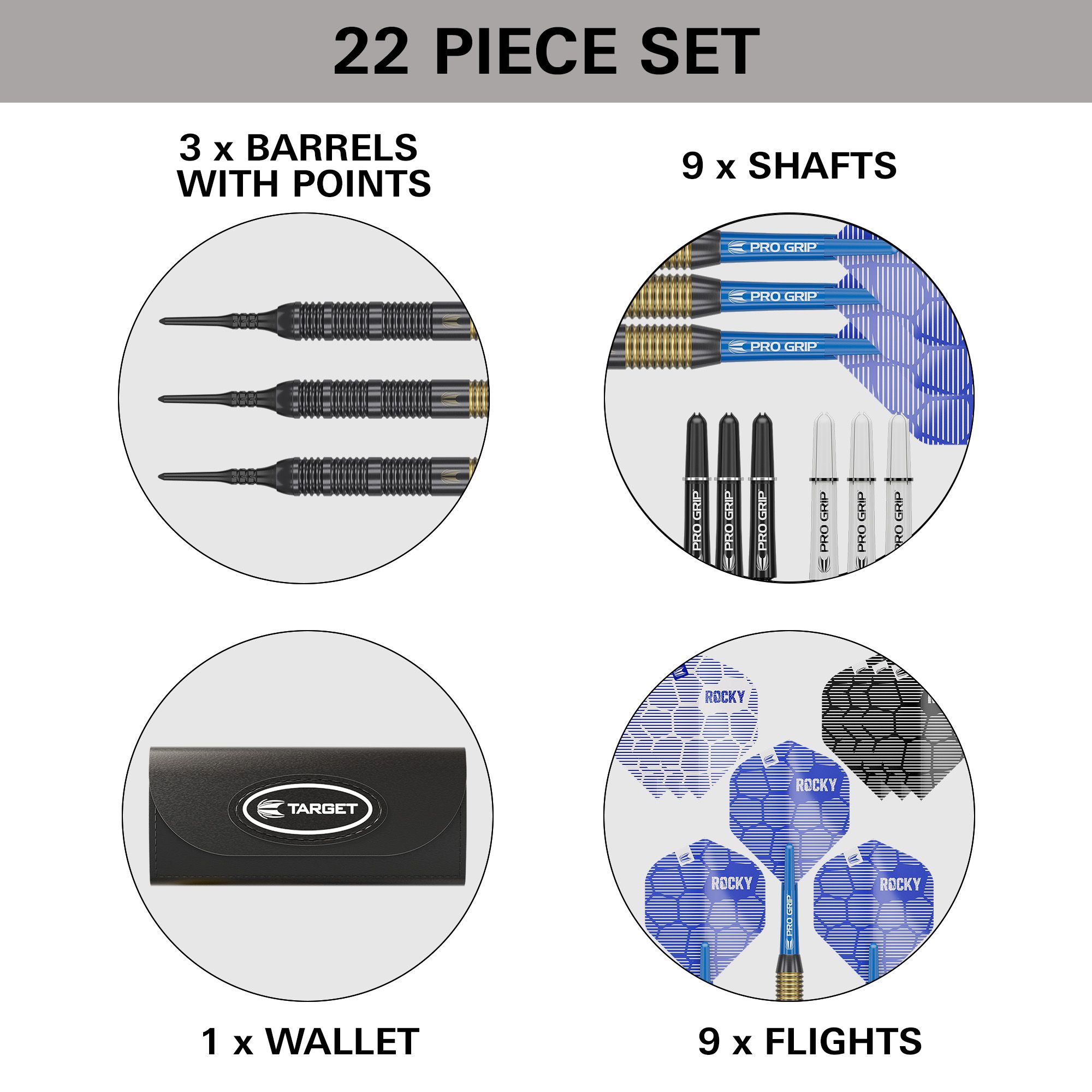Šipky Target Josh Rock Brass měkké - 18g Das Bild zeigt das 22-teilige Set "Target Josh Rock Brass Softdarts - 18g". Es enthält 3 Barrels mit Spitzen, 9 Shafts, 1 Wallet und 9 Flights.