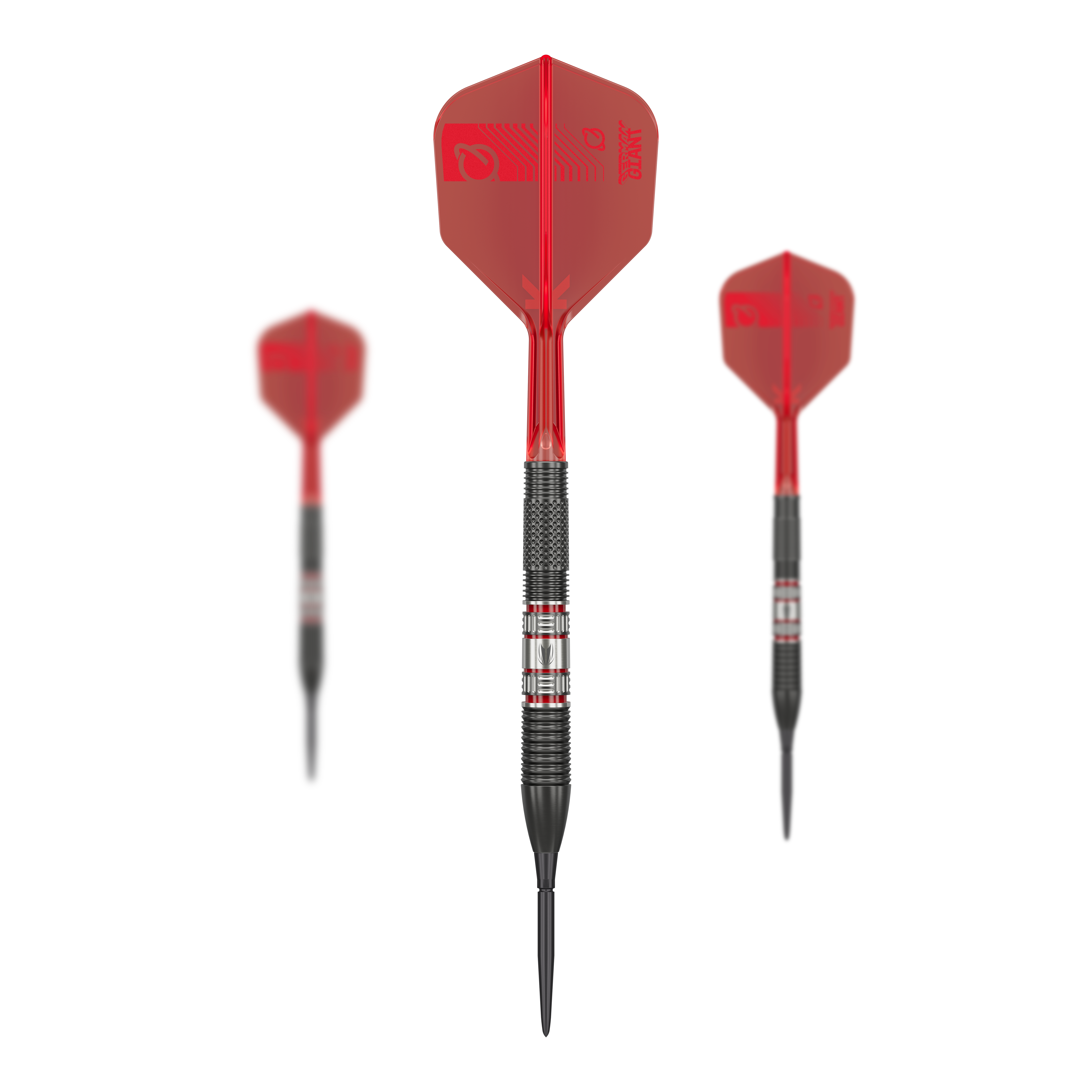 Šipky Target Gabriel Clemens 95K Swiss Point Steel Das Bild zeigt drei Steeldarts des Modells „Target Gabriel Clemens 95K Swiss Point“. Die Darts haben schwarze Spitzen, schwarze Griffbereiche und rote Flights.