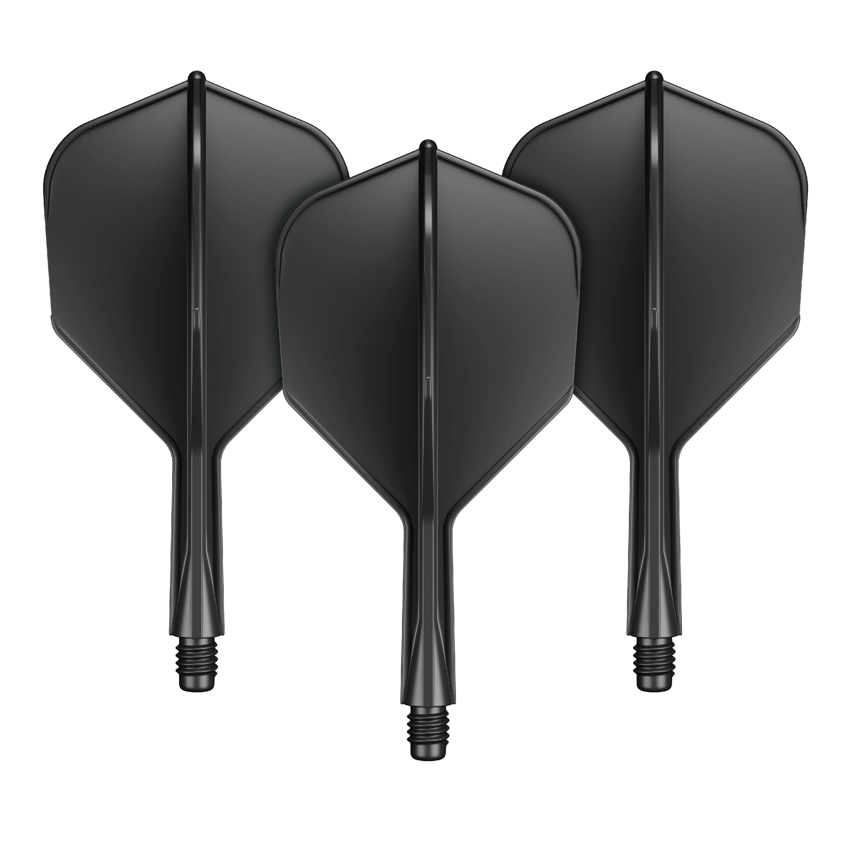 Systém letmých hřídelí GOAT A1R No6 - černý Das Bild zeigt drei schwarze Dart-Flights mit integriertem Shaft. Sie sind nebeneinander angeordnet und verfügen über einen kurzen Schaft mit Schraubgewinde.