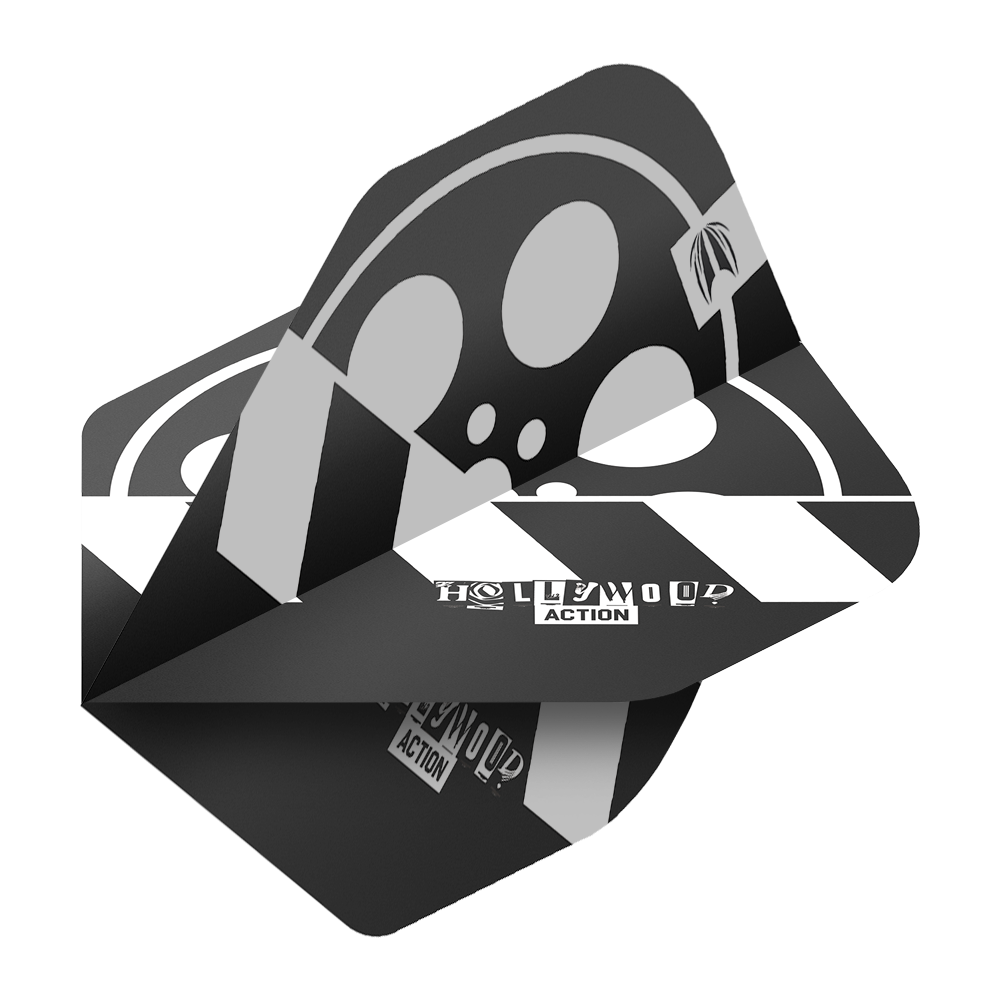 Target Pro Ultra Chris Dobey Hollywood Action No2 Standardní letky - 3 sady Das Bild zeigt die Target Pro Ultra Chris Dobey Hollywood Action No2 Standard Flights. Die Flights sind schwarz-weiß gestaltet und tragen den Schriftzug "HOLLYWOOD ACTION".