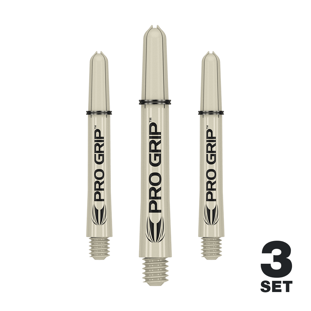Target Pro Grip Shafts - 3 sady - Sand Das Bild zeigt drei beige Dartschäfte mit der Aufschrift "PRO GRIP". In der rechten unteren Ecke steht "3 SET".