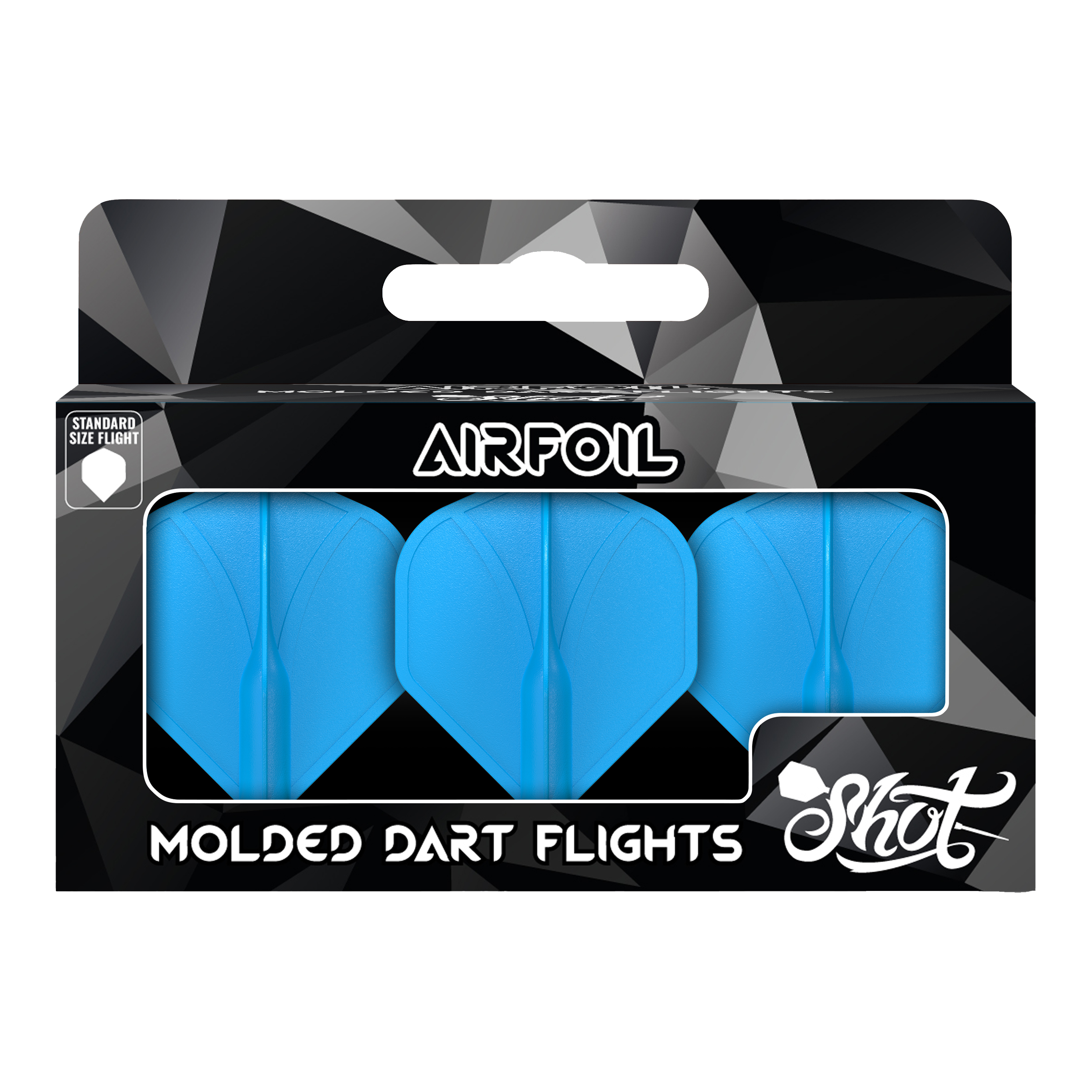 Standardní letky Shot Airfoil Molded No2 Das Bild zeigt eine Packung mit drei blauen, geformten Dart-Flights der Marke Shot. Auf der Verpackung steht "Airfoil" und "Molded Dart Flights".
