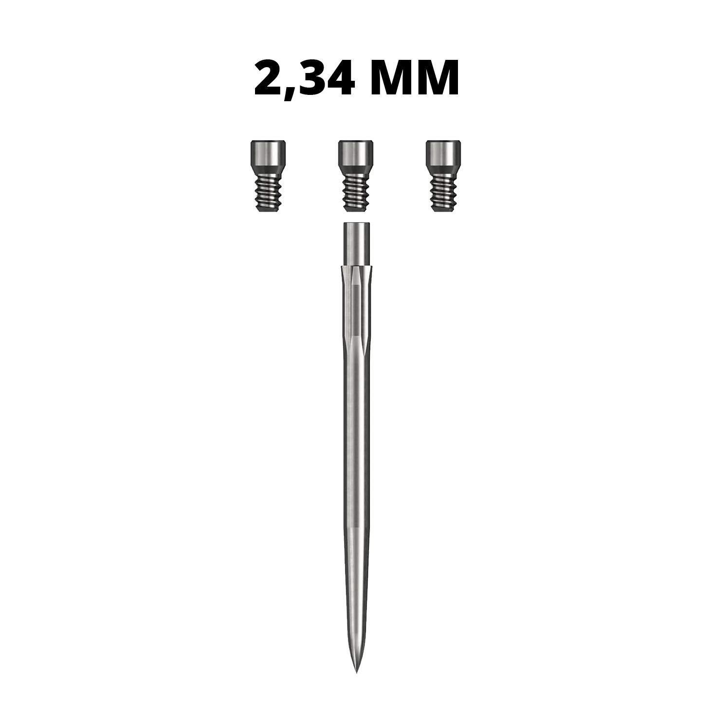 Ein silbernes Caliburn Evo System Steeldartspitze Spigot mit einer Länge von 23,4 mm ist abgebildet. Die Dartspitze liegt auf weißem Hintergrund.