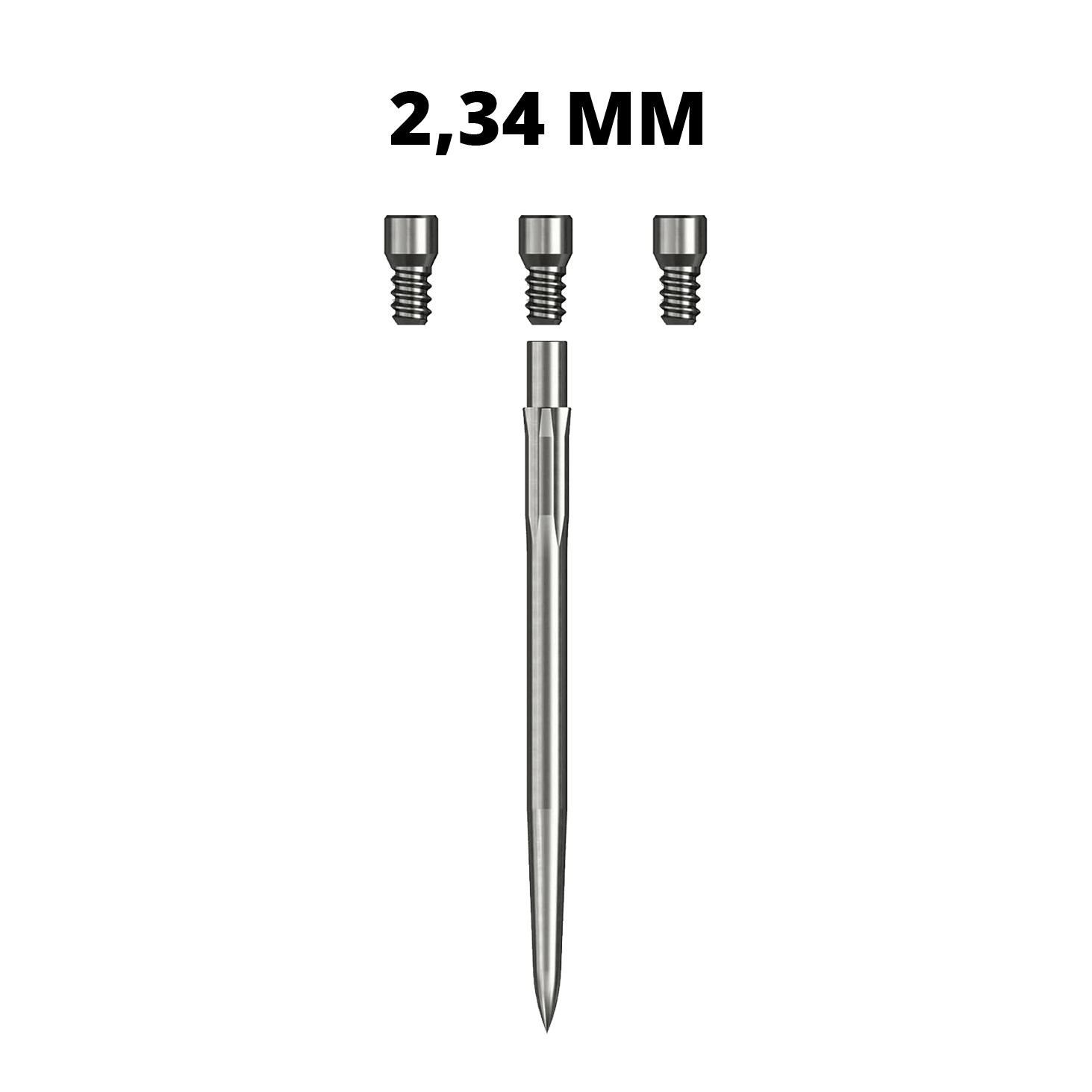 Kohoutky systému Caliburn Ein silbernes Caliburn Evo System Steeldartspitze Spigot mit einer Länge von 23,4 mm ist abgebildet. Die Dartspitze liegt auf weißem Hintergrund.