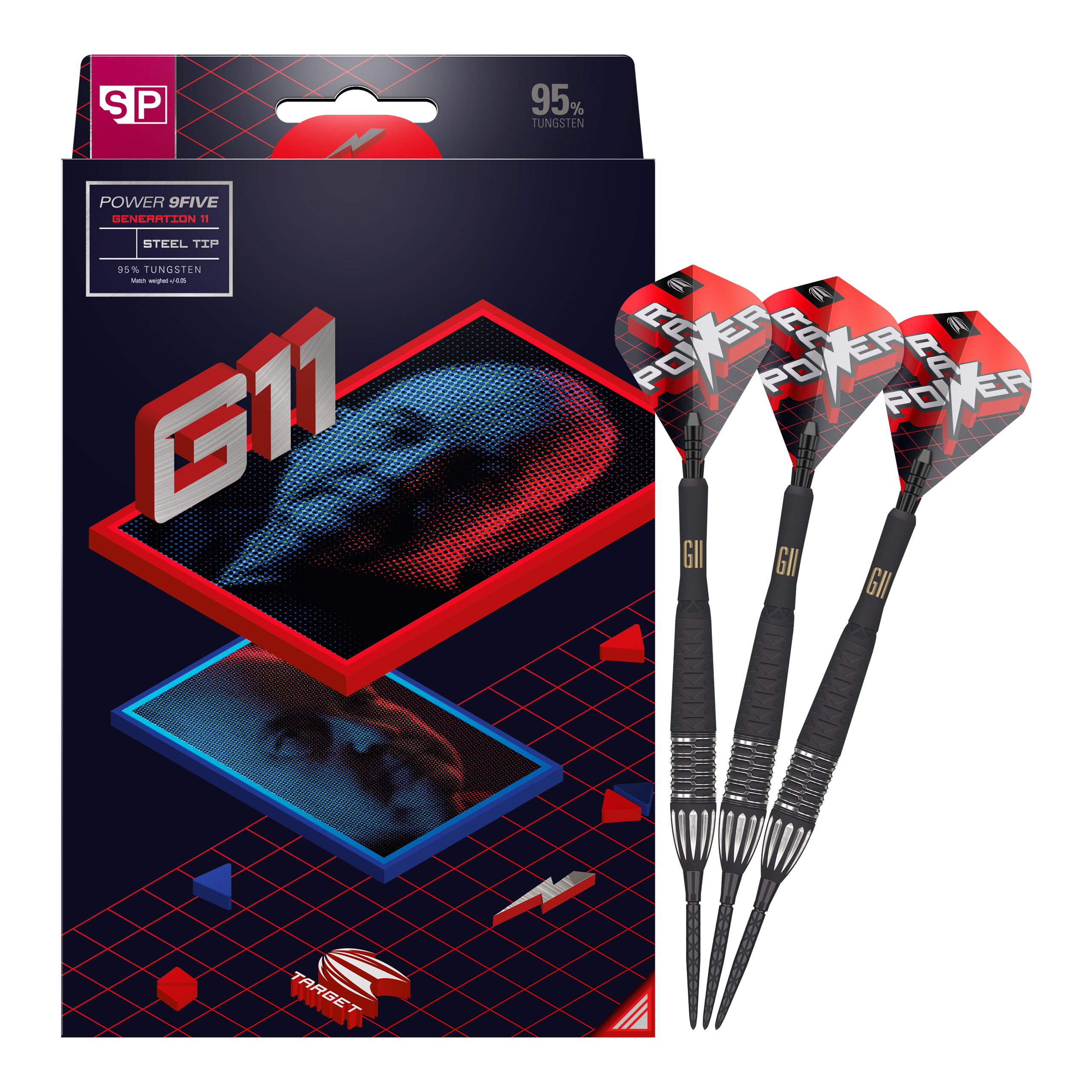 Auf dem Bild ist eine Verpackung für Steeldarts der Marke Target zu sehen, zusammen mit drei Darts. Die Verpackung trägt die Aufschrift „G11“ und „95 % Tungsten“ und zeigt ein modernes, grafisches Design.