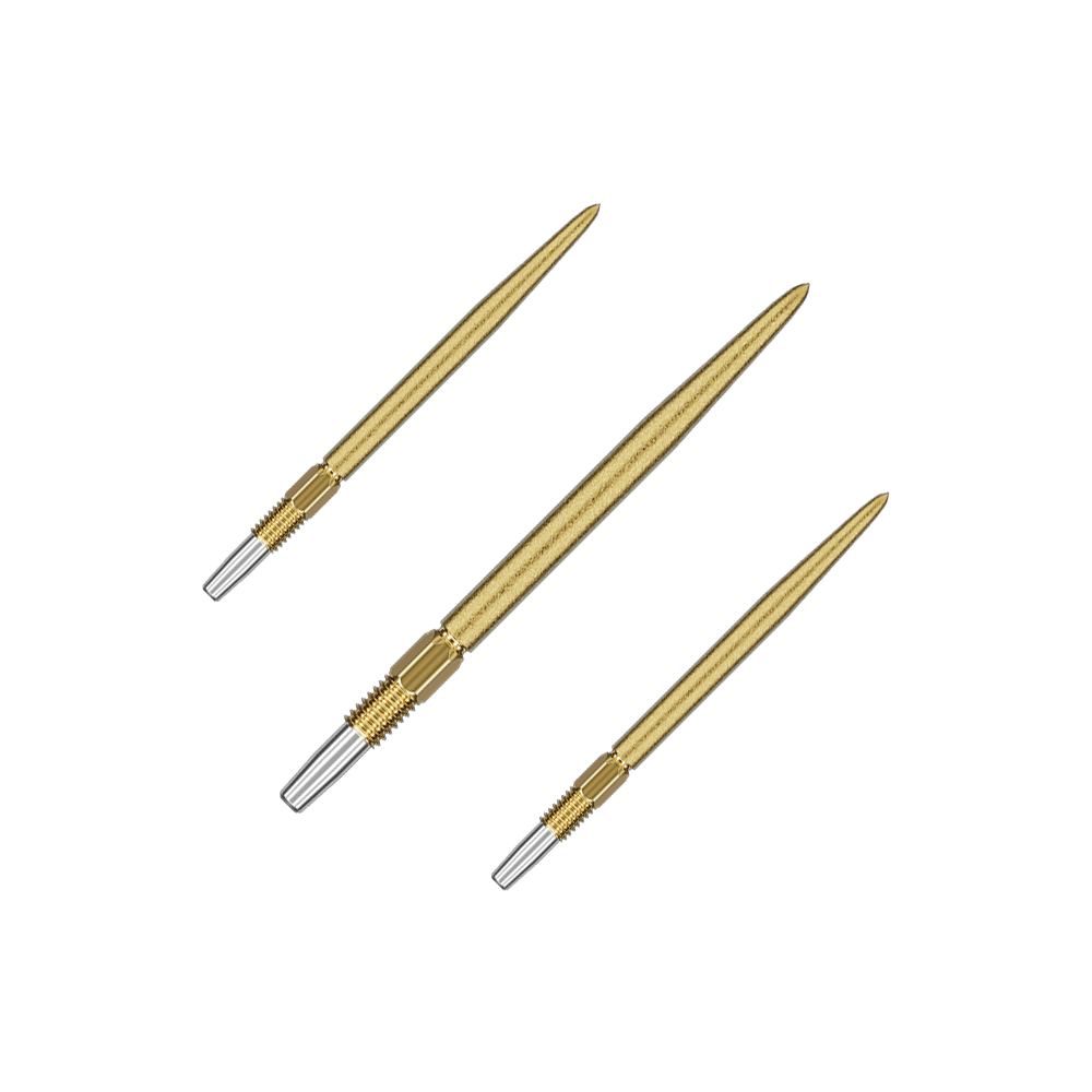 Das Bild zeigt drei goldfarbene Dartspitzen, die nebeneinander liegen. Die Spitzen haben ein schlankes, glänzendes Design mit silbernen Enden.