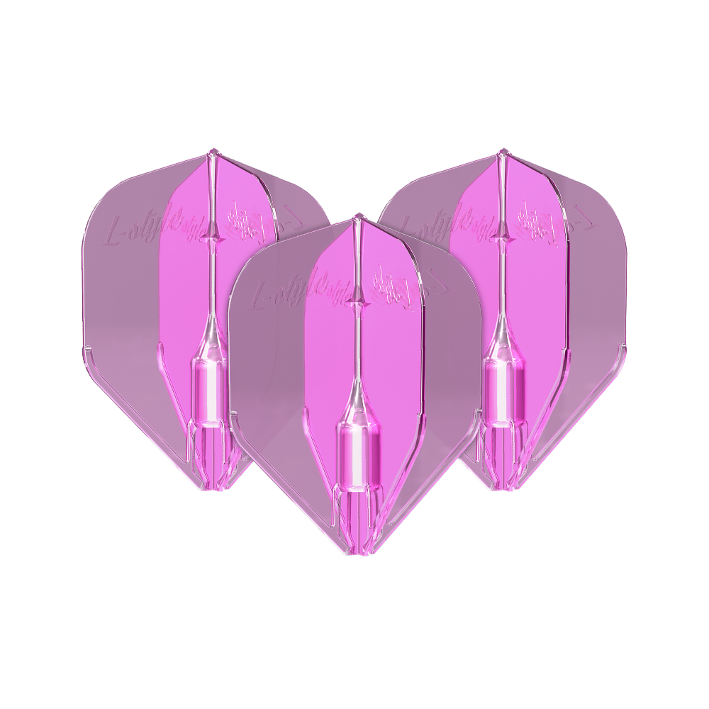 Letky L-Style Fantom L3EZ Čirá růžová Das Bild zeigt drei klare, pinke Dartflights des Modells "L-Style Fantom L3EZ". Die Flights sind transparent und haben eine leuchtend pinke Farbe.