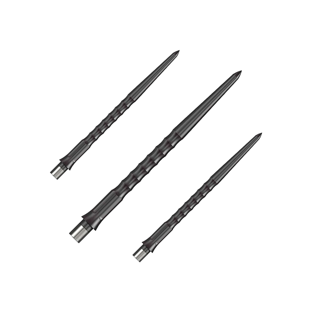 Dargestellt ist ein Set schwarzer Steeldartspitzen mit Ripple NoLip Design, 36 mm lang. Diese sind Bestandteil des Caliburn Evo Systems.
