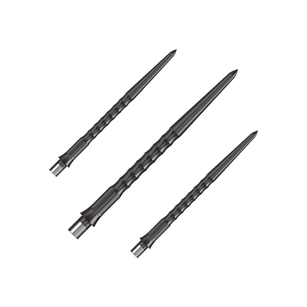 Caliburn System Steel Dart Tips - Ripple - NoLip - Black Dargestellt ist ein Set schwarzer Steeldartspitzen mit Ripple NoLip Design, 36 mm lang. Diese sind Bestandteil des Caliburn Evo Systems.