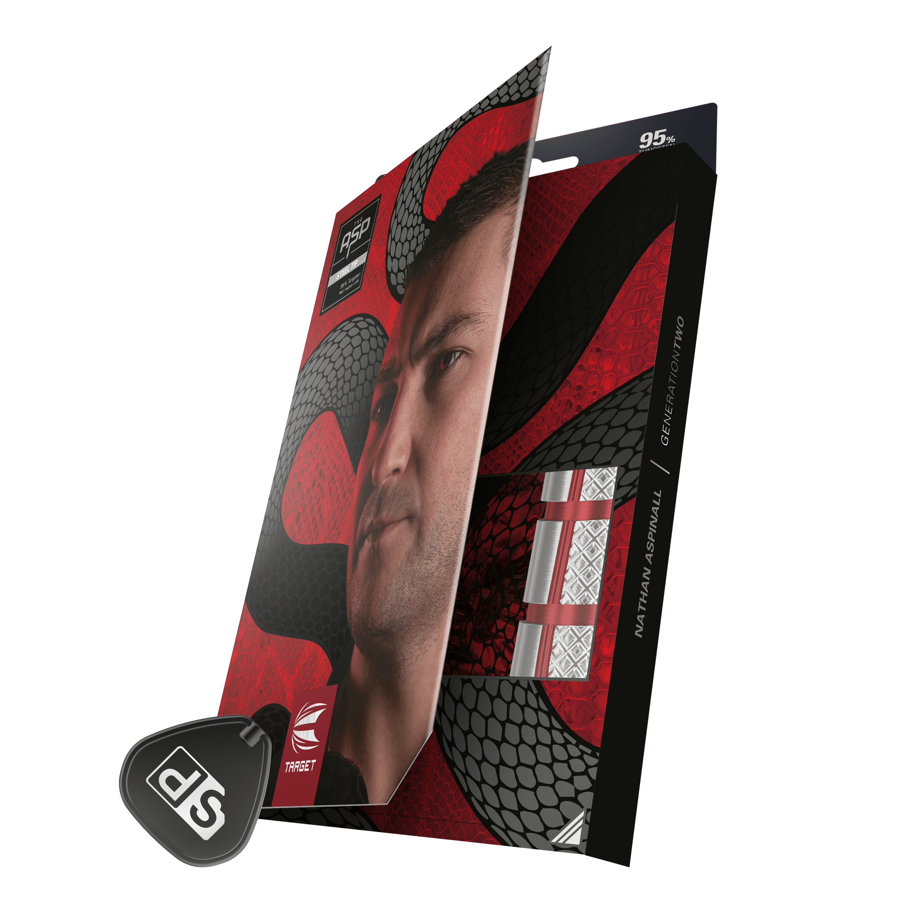 Ocelové šipky Target Nathan Aspinall GEN2 Swiss Point Auf der Verpackung sind Target Steeldarts mit einem auffälligen roten und schwarzen Design zu sehen. Die Packung zeigt auch ein Porträt eines Mannes und den Namen "Nathan Aspinall".