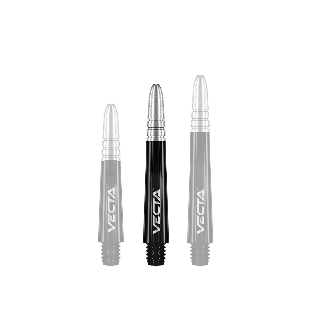 Winmau Vecta Shafts - Schwarz Silber Das Bild zeigt drei schwarze und silberne Dartschäfte der Marke Vecta. Sie stehen nebeneinander in unterschiedlichen Längen.