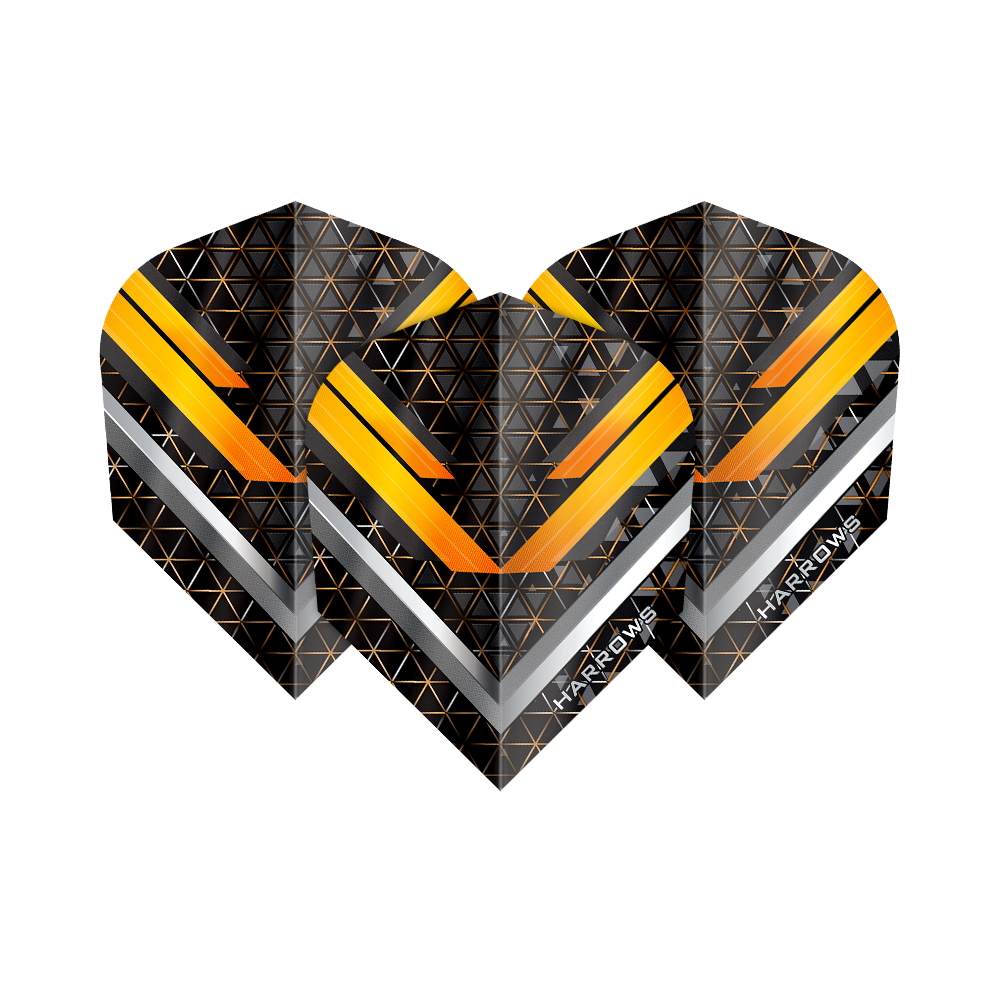 Harrows Vulcan No6 Flights sind moderne Dartflights mit auffälligem Design. Die Abbildung stellt ein Set dieser Flights dar.